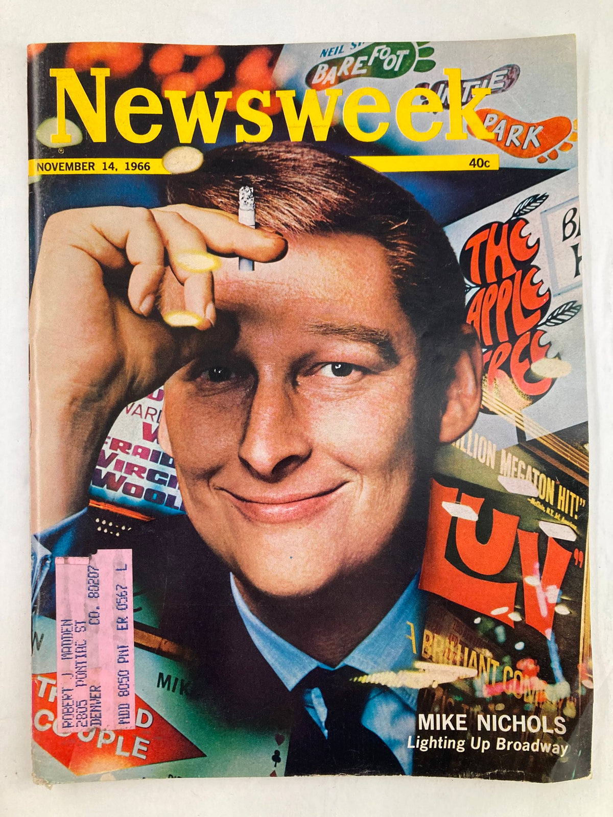 Cover of VTG Newsweek Magazine November 14, 1966 featuring Mike Nichols, a prominent figure in Broadway, displaying vibrant graphics and theater references.