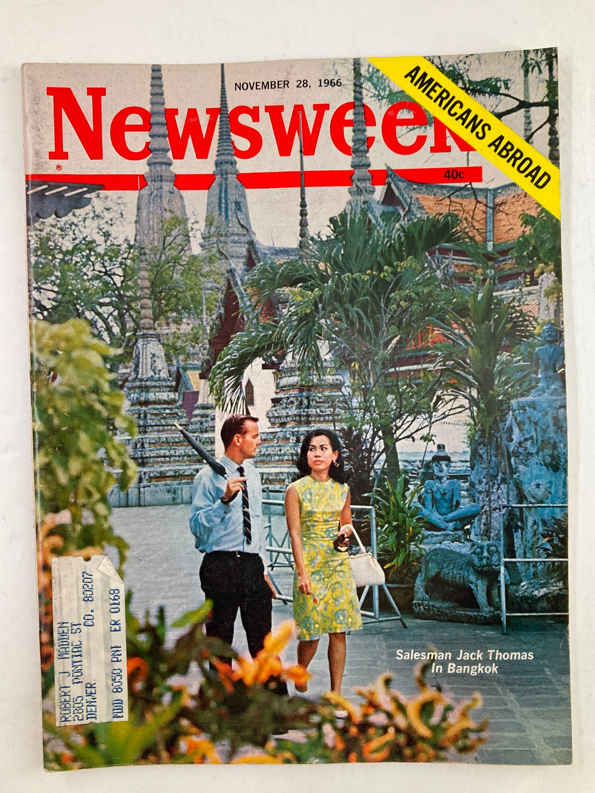 VTG Newsweek Magazine November 28 1966 cover featuring salesman Jack Thomas in Bangkok against a backdrop of lush greenery and traditional architecture.