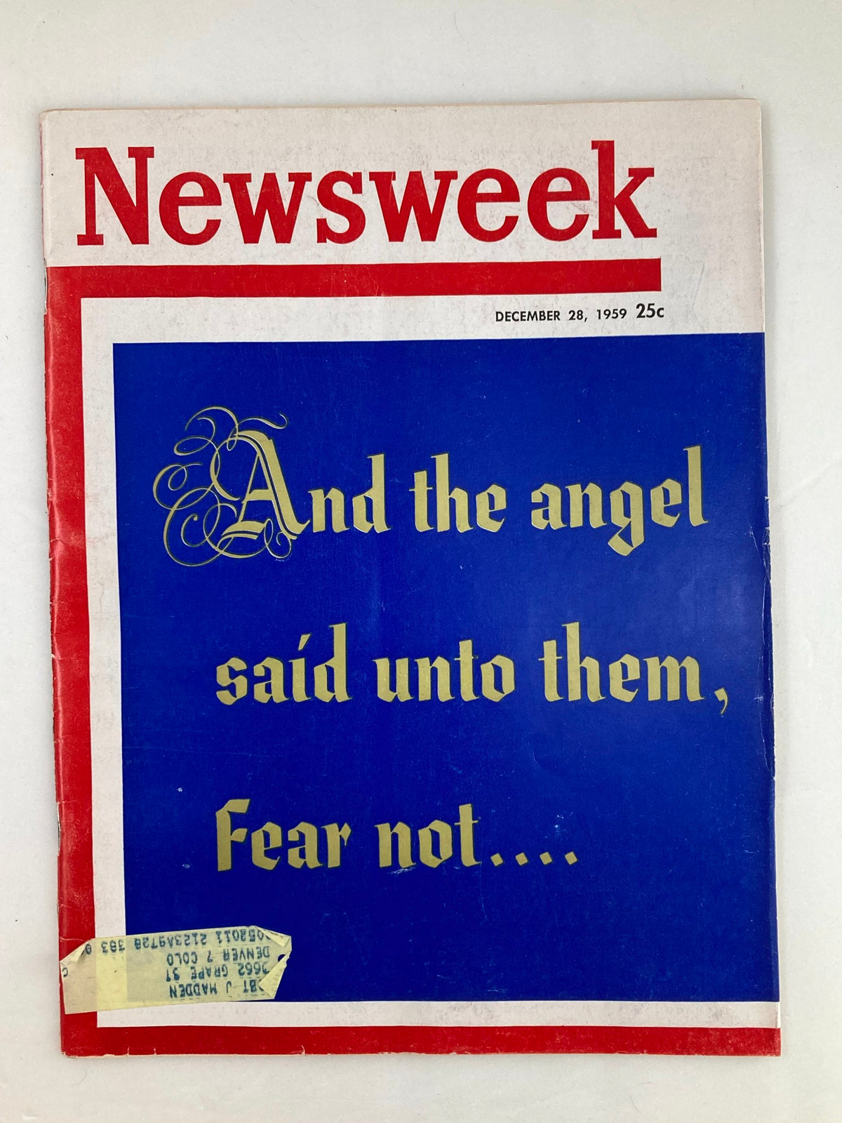 Cover of VTG Newsweek Magazine from December 28, 1959, featuring the title 'And the angel said unto them, Fear not...' with prominent blue and gold lettering.