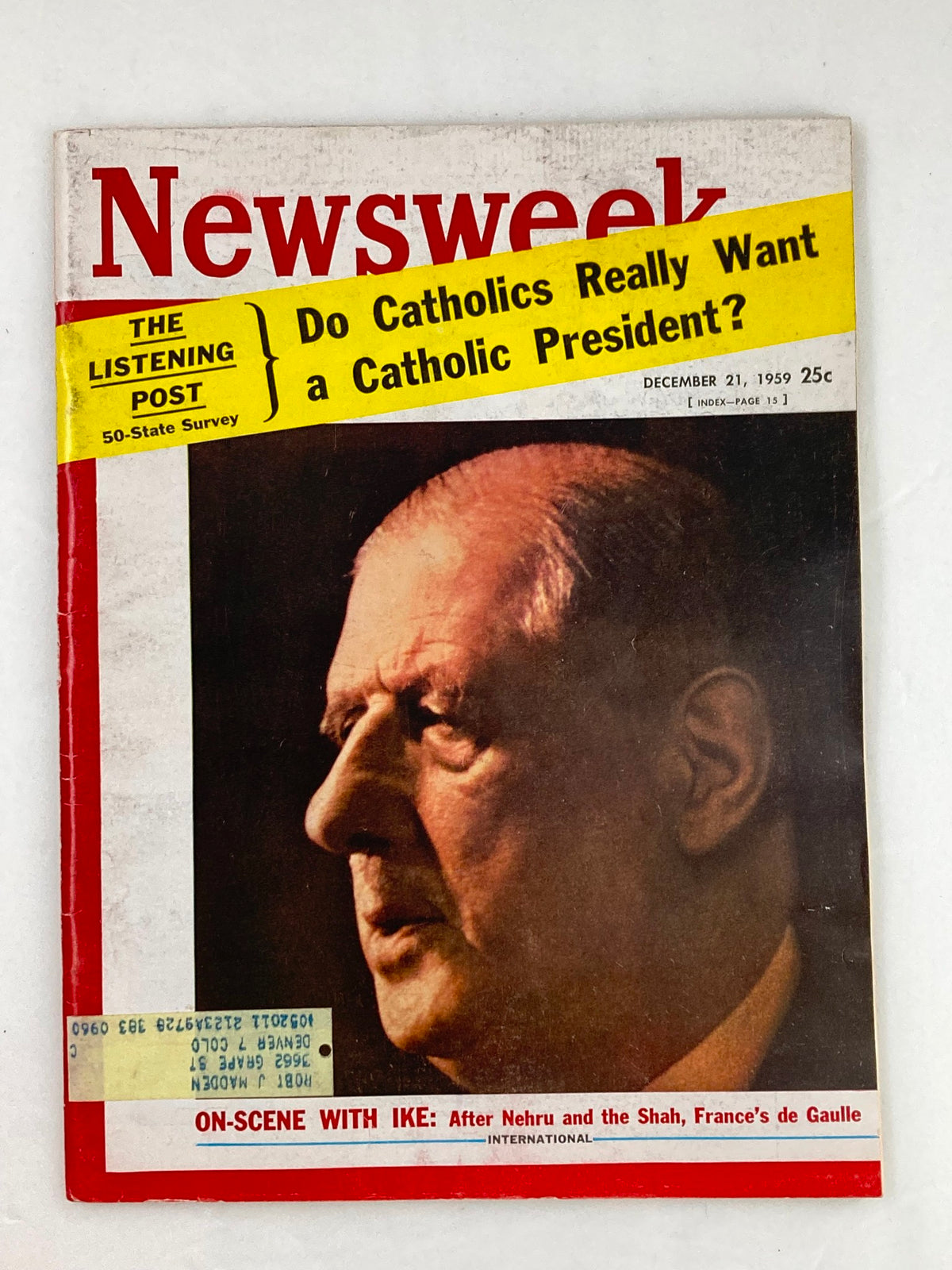 Cover of the VTG Newsweek Magazine from December 21, 1959, featuring a profile image of Charles de Gaulle with headlines discussing religious and political topics of the time.