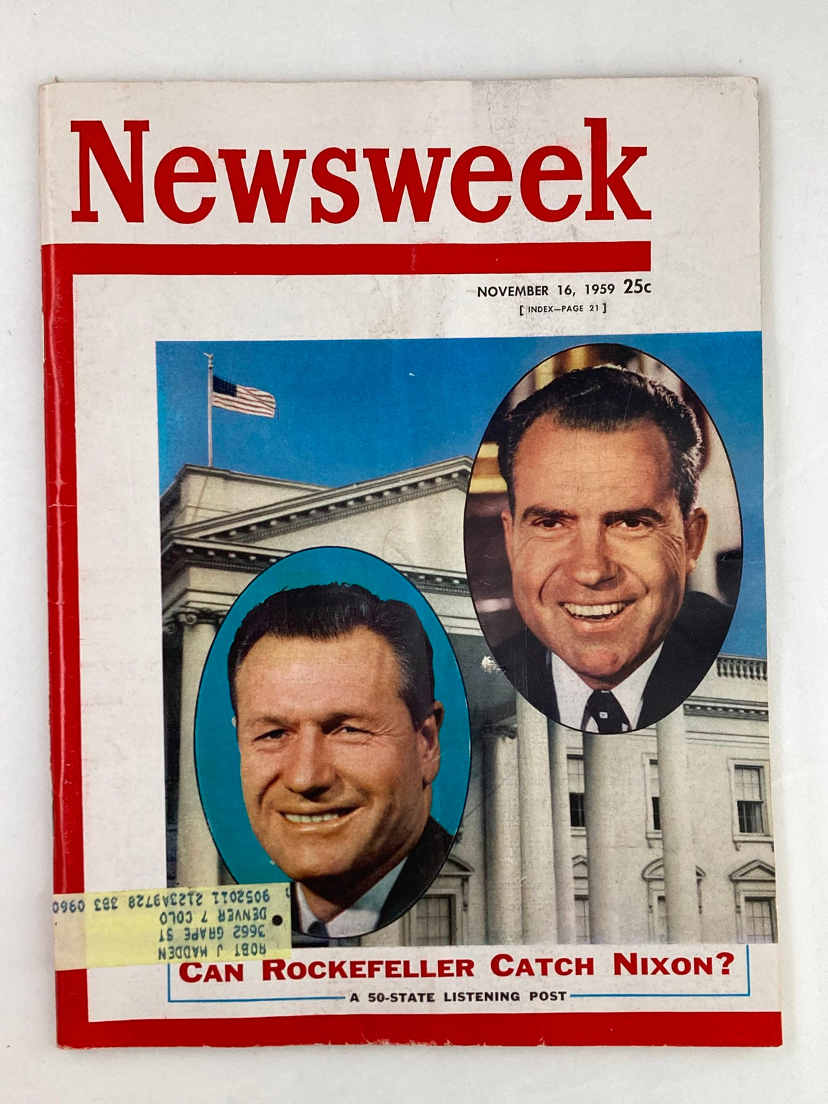 Cover of VTG Newsweek Magazine from November 16, 1959 featuring Nelson Rockefeller and Richard Nixon with the headline 'Can Rockefeller Catch Nixon?'. This vintage magazine captures the political climate of the late 1950s.