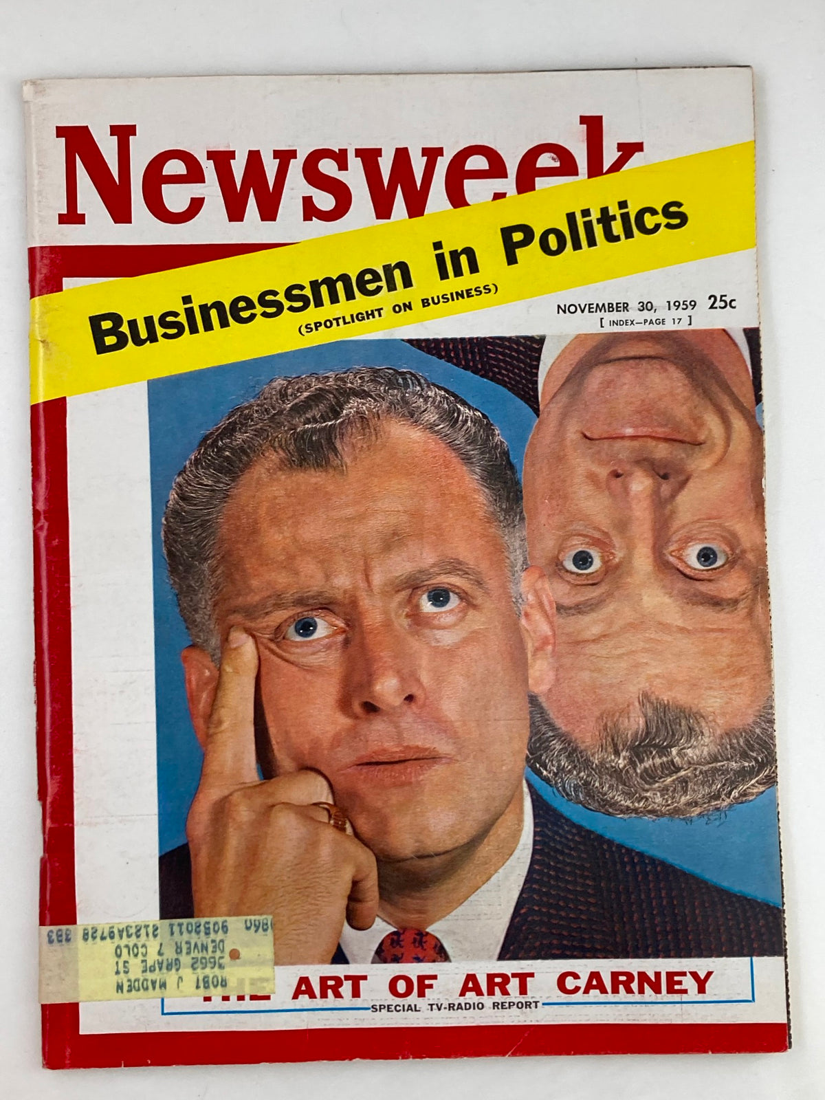 Vintage Newsweek Magazine dated November 30, 1959, featuring the cover story 'The Art of Art Carney', with an illustration of a man deep in thought, showcasing the era's iconic journalism and art.
