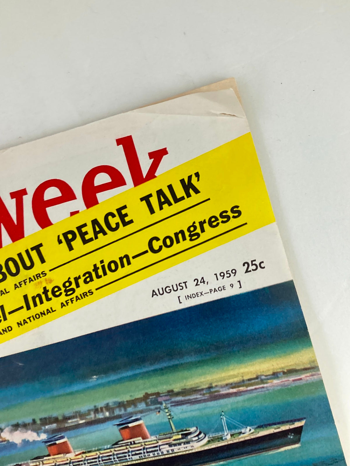 Close-up of the top section of VTG Newsweek Magazine August 24 1959 showing the jacket headline 'STRAIGHT TALK ABOUT PEACE TALK' and magazine date.