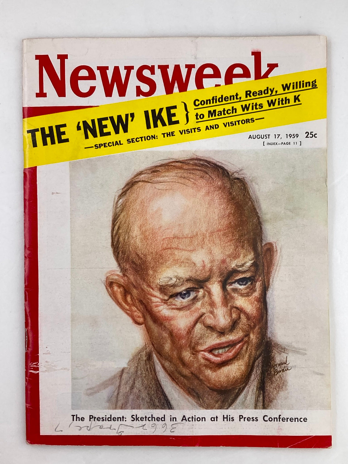Vintage Newsweek Magazine cover from August 17, 1959, featuring President Dwight Eisenhower with a bright headline about his presidency.