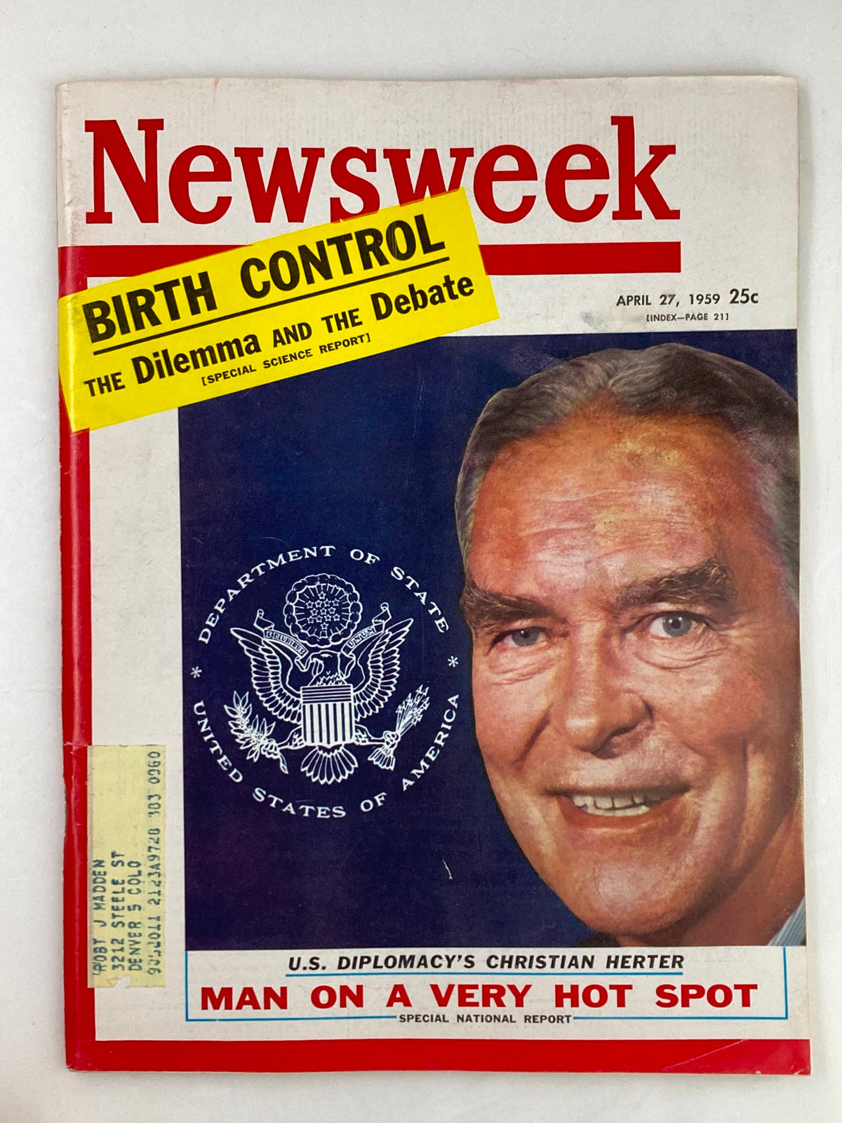 VTG Newsweek Magazine April 27 1959 cover featuring Christian Herter as 'Man On A Very Hot Spot', with bold headlines and a vibrant design.