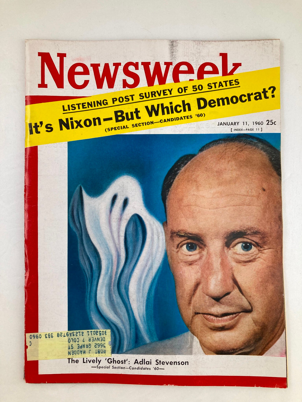 Vintage Newsweek Magazine cover from January 11, 1960 featuring The Lively 'Ghost' Adlai Stevenson with colorful graphics and historical significance.