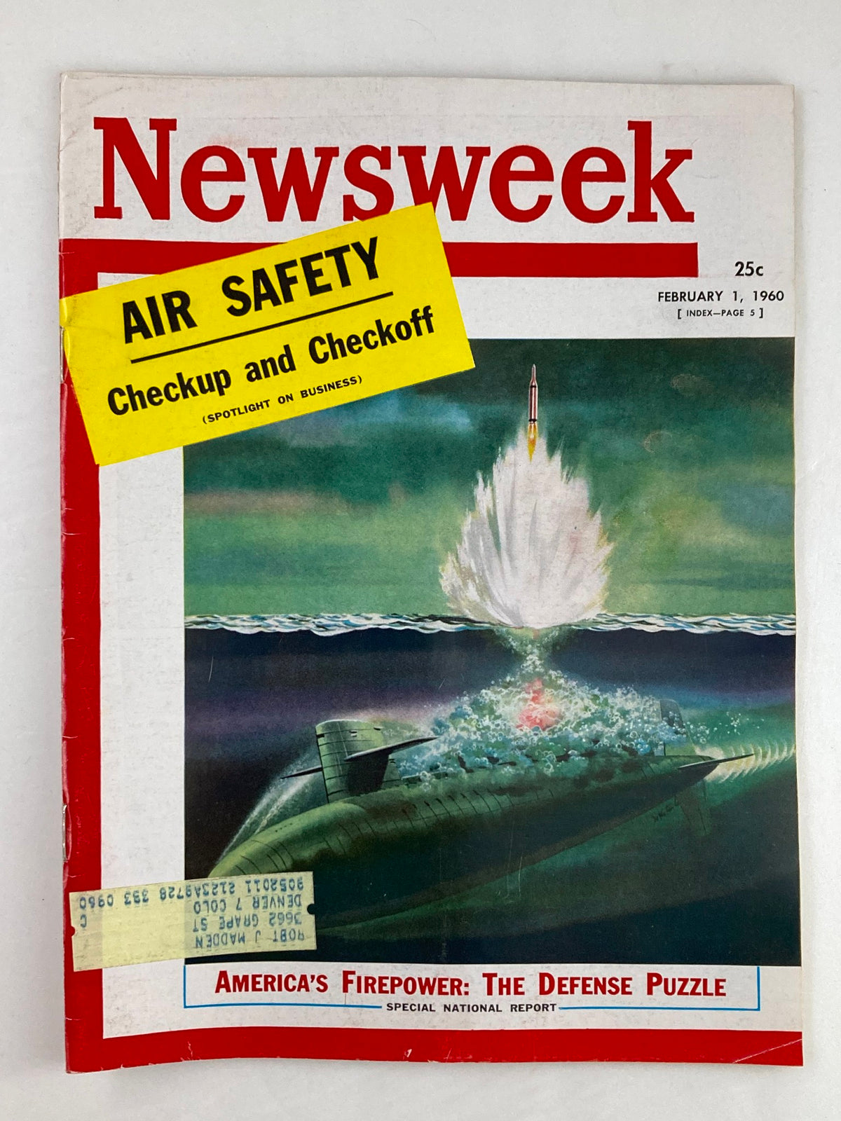 VTG Newsweek Magazine February 1 1960 cover featuring America's Firepower and The Defense Puzzle with eye-catching artwork depicting military elements and a yellow label stating 'AIR SAFETY Checkup and Checkoff'.