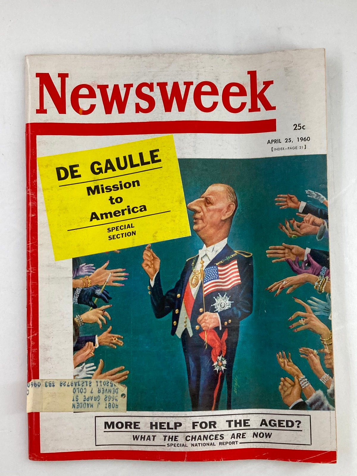 Vintage Newsweek Magazine cover from April 25, 1960, featuring Charles de Gaulle with the title 'Mission to America'. The cover depicts de Gaulle in formal attire, surrounded by animated hands reaching out, symbolizing international relations.