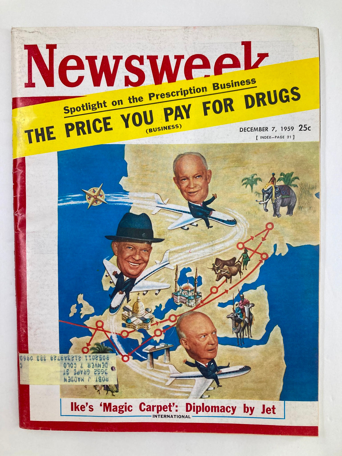 Cover of VTG Newsweek Magazine from December 7, 1959, featuring the title 'Dwight Eisenhower's Magic Carpet' with a colorful illustration depicting diplomacy by jet, highlighting significant political figures of the era.