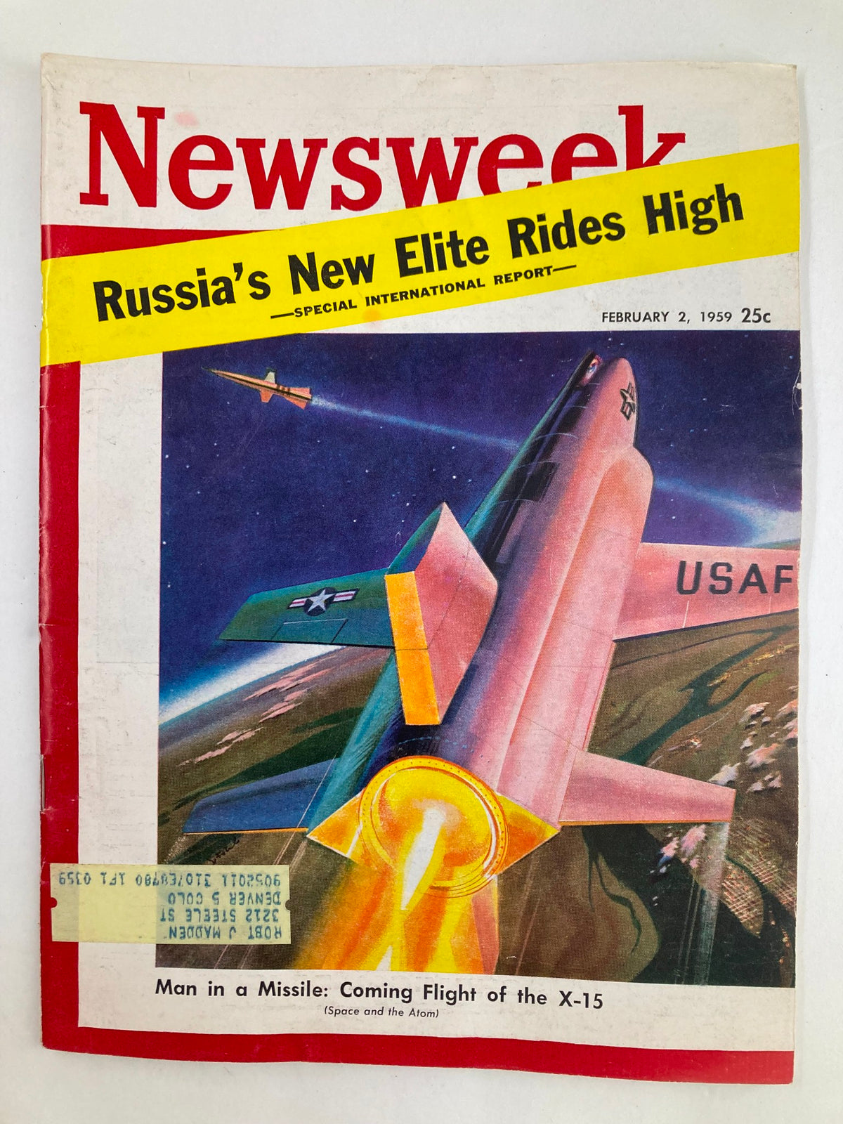 Vintage Newsweek Magazine Cover from February 2, 1959, featuring the cover story 'Man in a Missile - Coming Flight of the X-15', showcasing a stunning illustration of the X-15 rocket plane in flight.