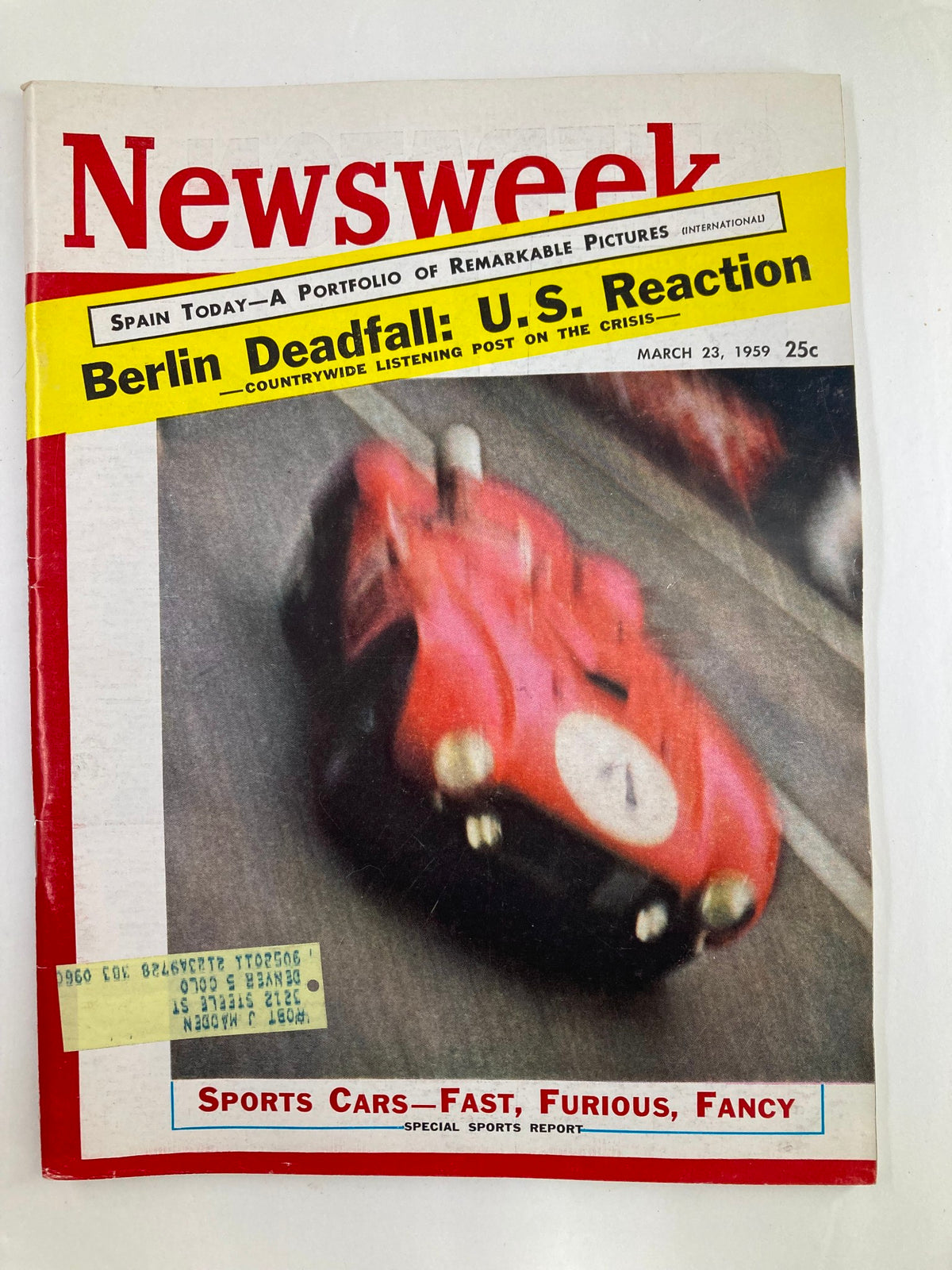 Vintage Newsweek Magazine cover from March 23, 1959 featuring a striking image of a sports car, with the title 'Sports Cars - Fast, Furious, Fancy', capturing the essence of the automotive culture of the late 1950s.