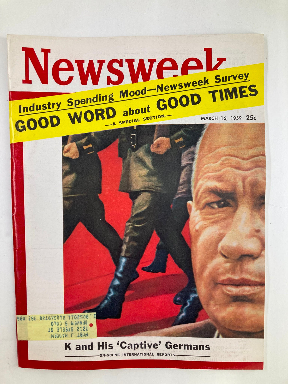 Vintage Newsweek Magazine from March 16, 1959, featuring the title 'K and His Captive Germans' on the cover, showcasing a historical perspective with a captivating image.