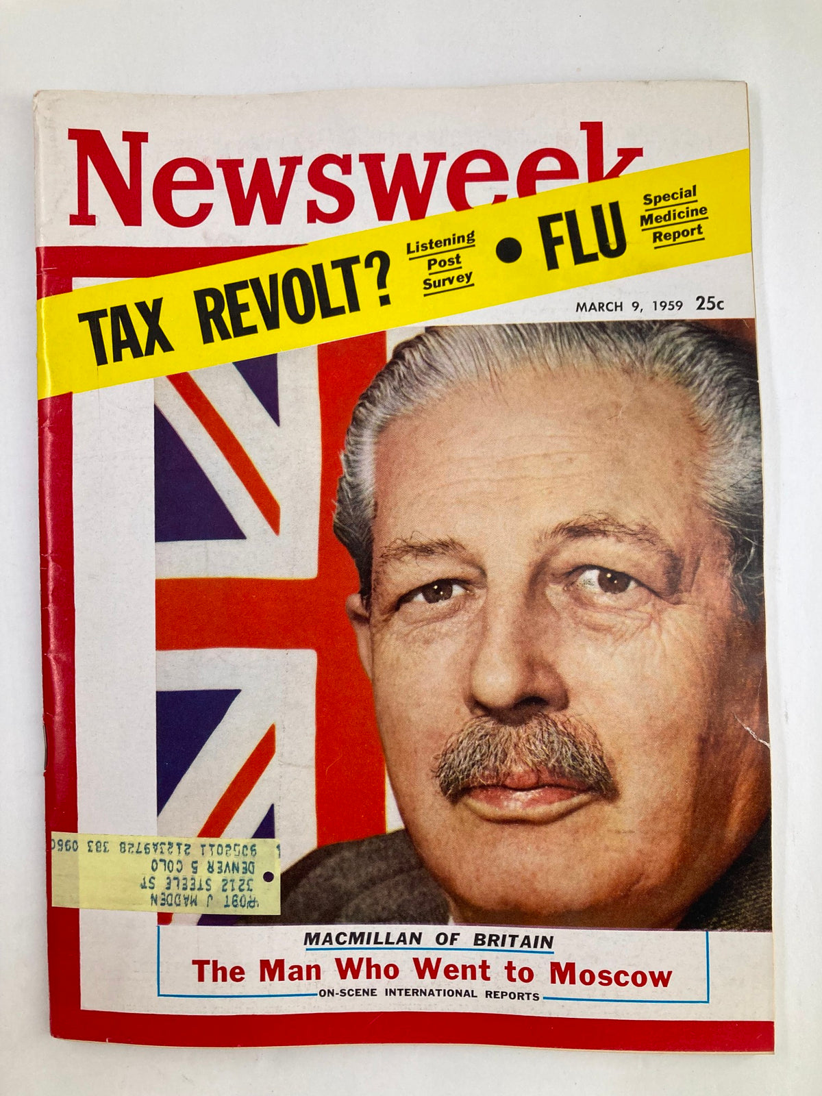 VTG Newsweek Magazine from March 9, 1959 featuring Harold Macmillan of Britain on the cover, displaying a thought-provoking article title related to British politics with a vibrant design and historical importance.
