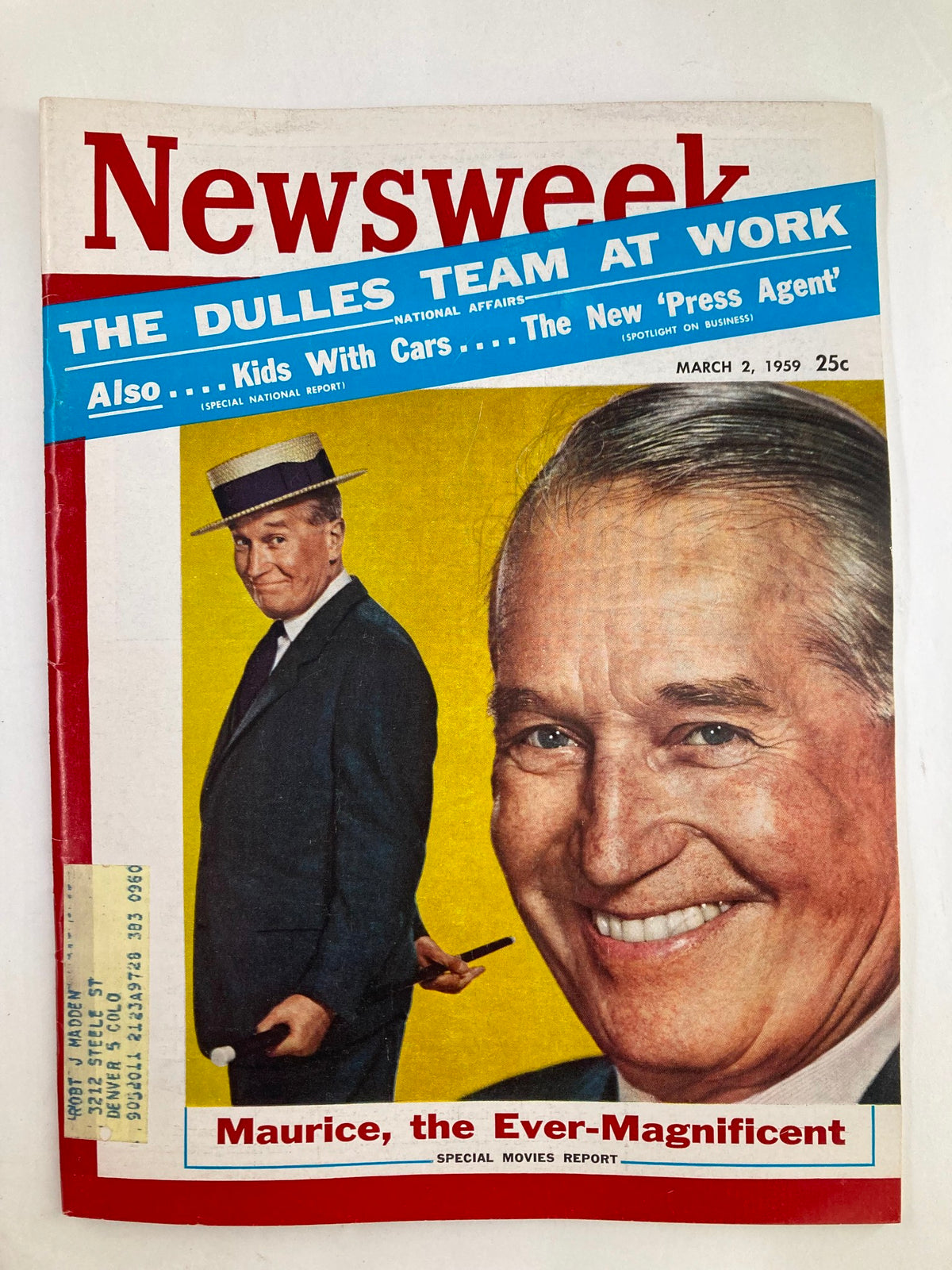 Cover of VTG Newsweek Magazine from March 2, 1959, featuring Maurice, The Ever-Magnificent with colorful graphics and headlines on historical topics.