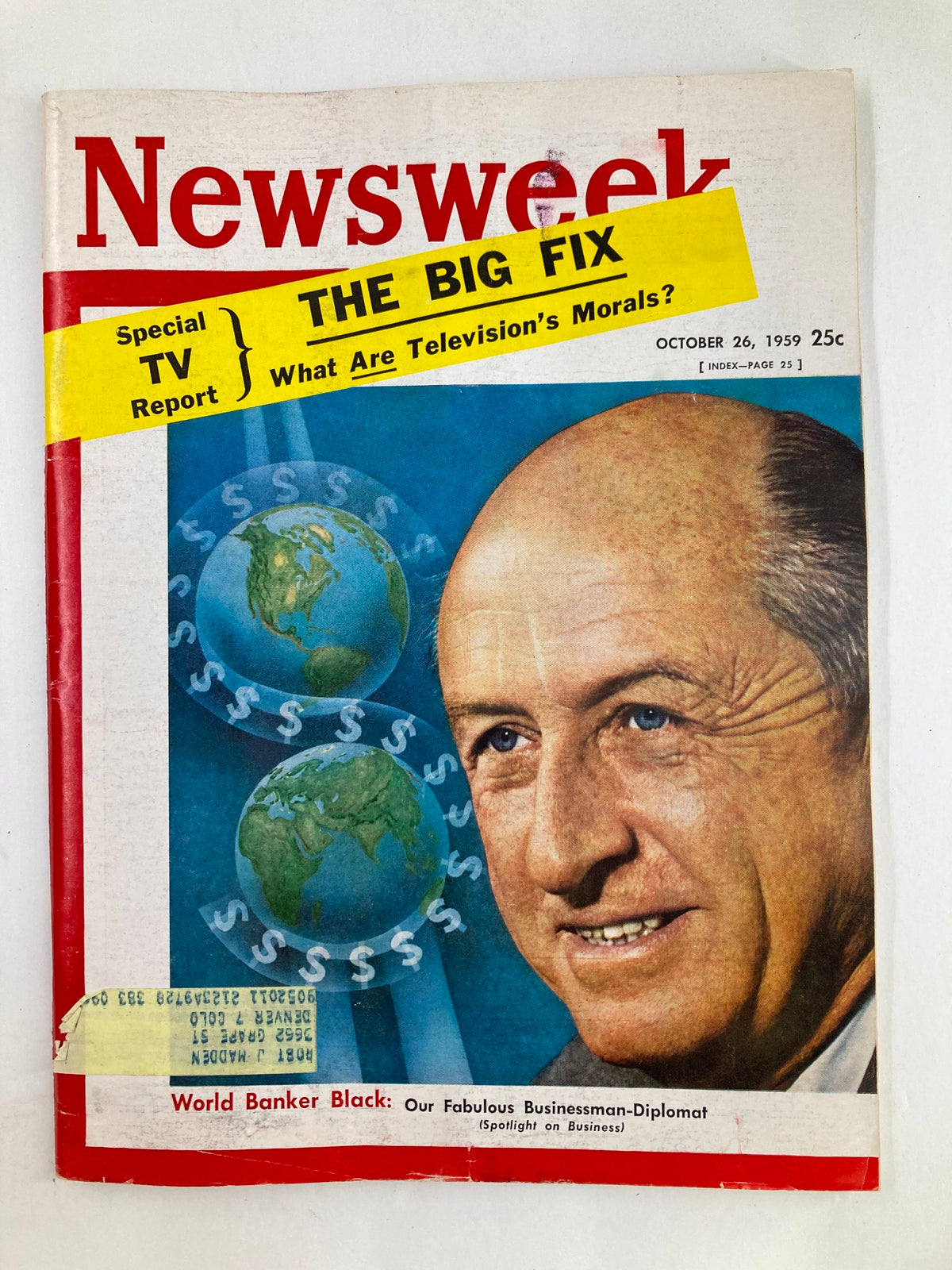 VTG Newsweek Magazine from October 26, 1959, featuring the cover story 'The Big Fix: What Are Television's Morals?' with a colorful graphic depicting the globe and a prominent figure smiling, highlighting discussions on television ethics.