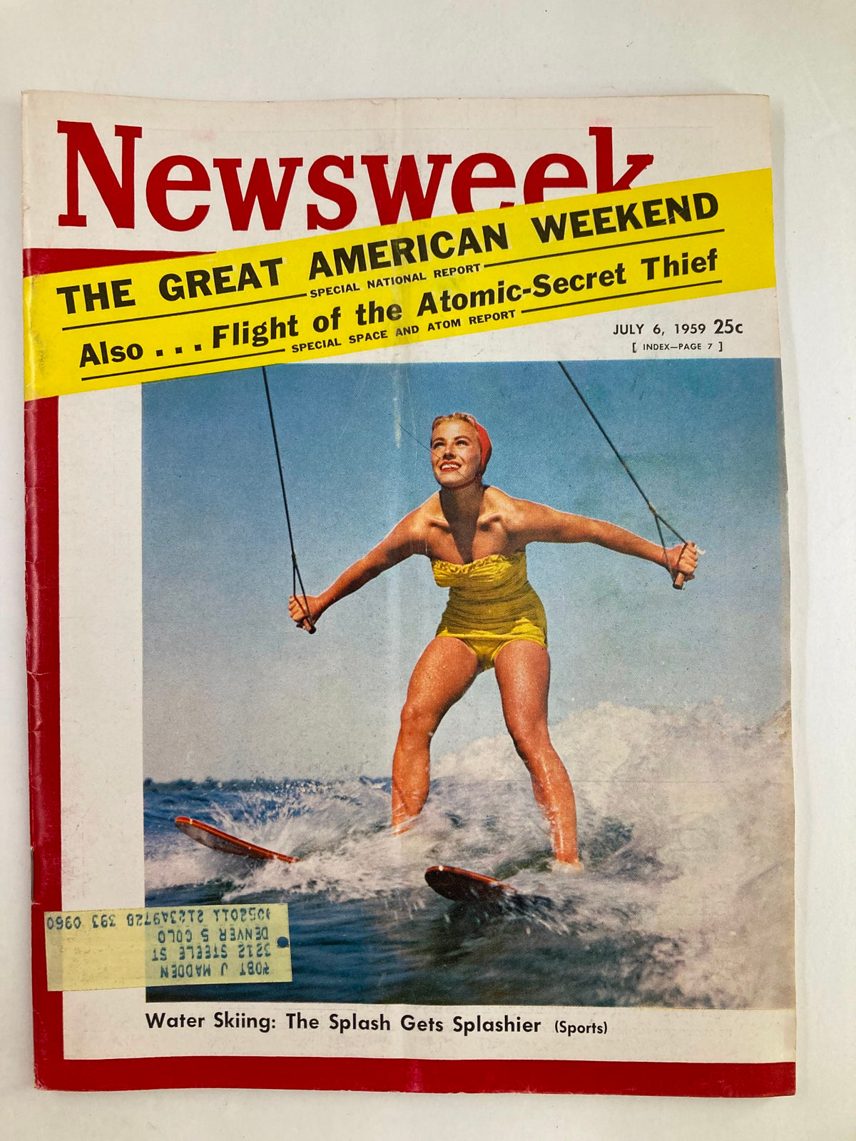 Vintage Newsweek magazine cover from July 6, 1959 featuring a woman water skiing, showcasing the headline 'Water Skiing: The Splash Gets Splashier.' The magazine highlights summer activities and sports.