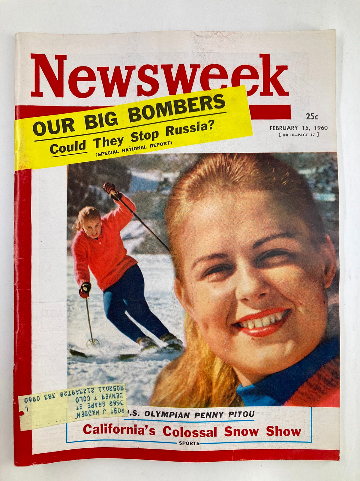 VTG Newsweek Magazine February 15 1960 featuring a cover story on California's Colossal Snow Show, showcasing Olympic skier Penny Pitou and snow sports. Includes headlines about big bombers and a special report on Russia.