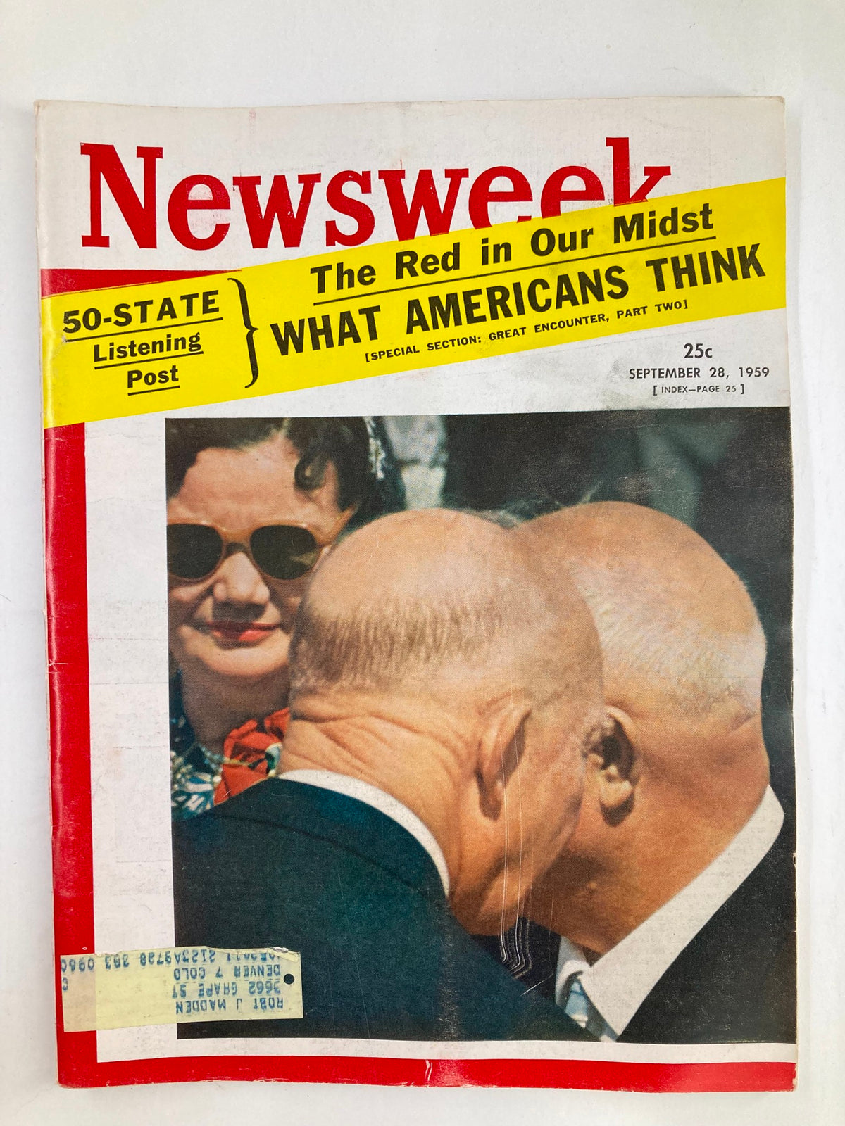 Cover of VTG Newsweek Magazine from September 28, 1959 featuring the article 'The Red in Our Midst: What Americans Think.' The magazine showcases a historical perspective with a vibrant red border and an image of two individuals in profile. Including a 50-state listening post sticker, this vintage publication is a significant artifact from the Cold War era.