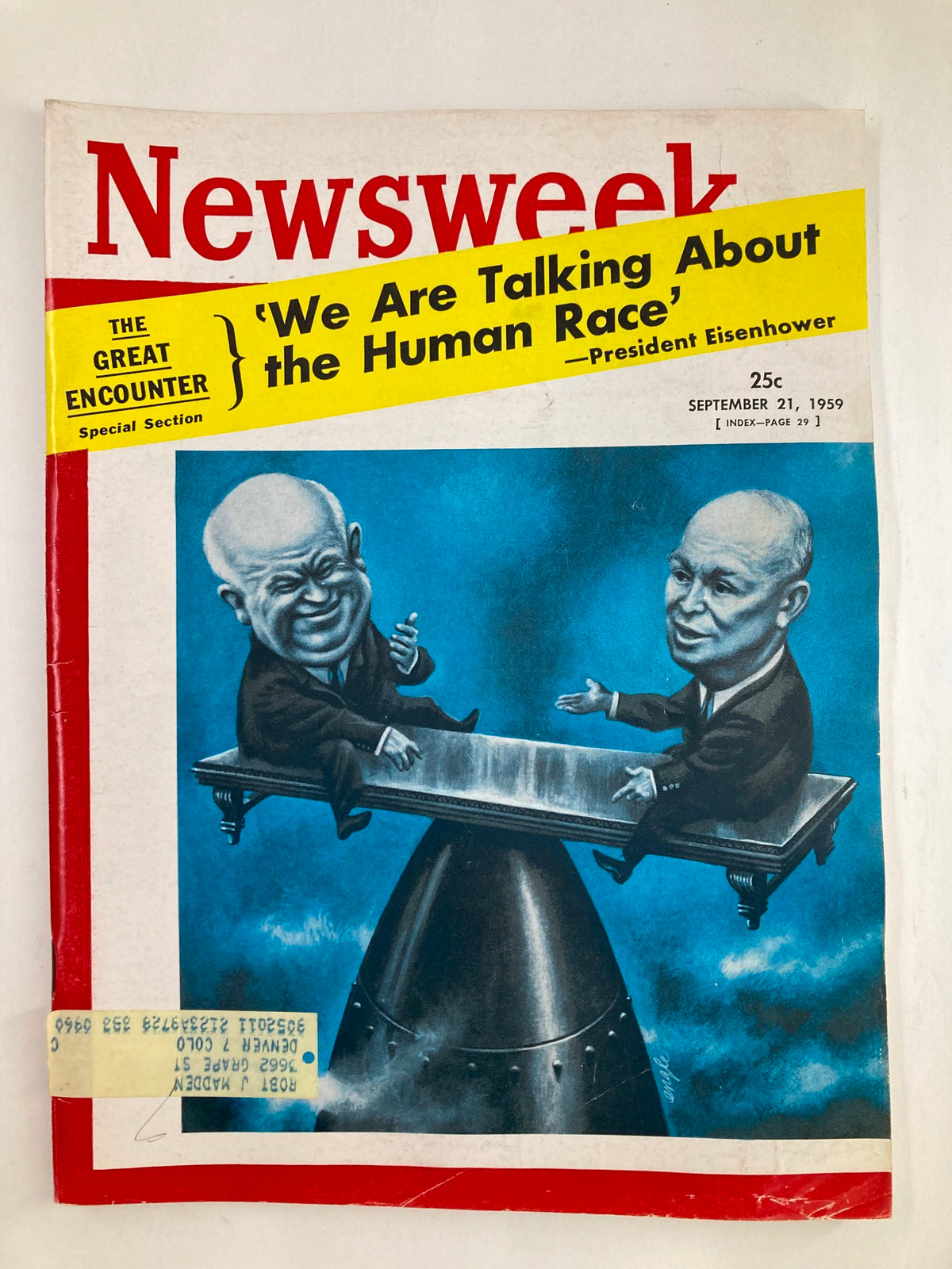 Vintage Newsweek magazine cover from September 21, 1959, featuring the title 'We Are Talking About the Human Race.' The cover illustration depicts two figures engaged in conversation at a table, with a bold yellow banner highlighting a quote from President Eisenhower. This magazine offers a glimpse into cultural discussions of the late 1950s.