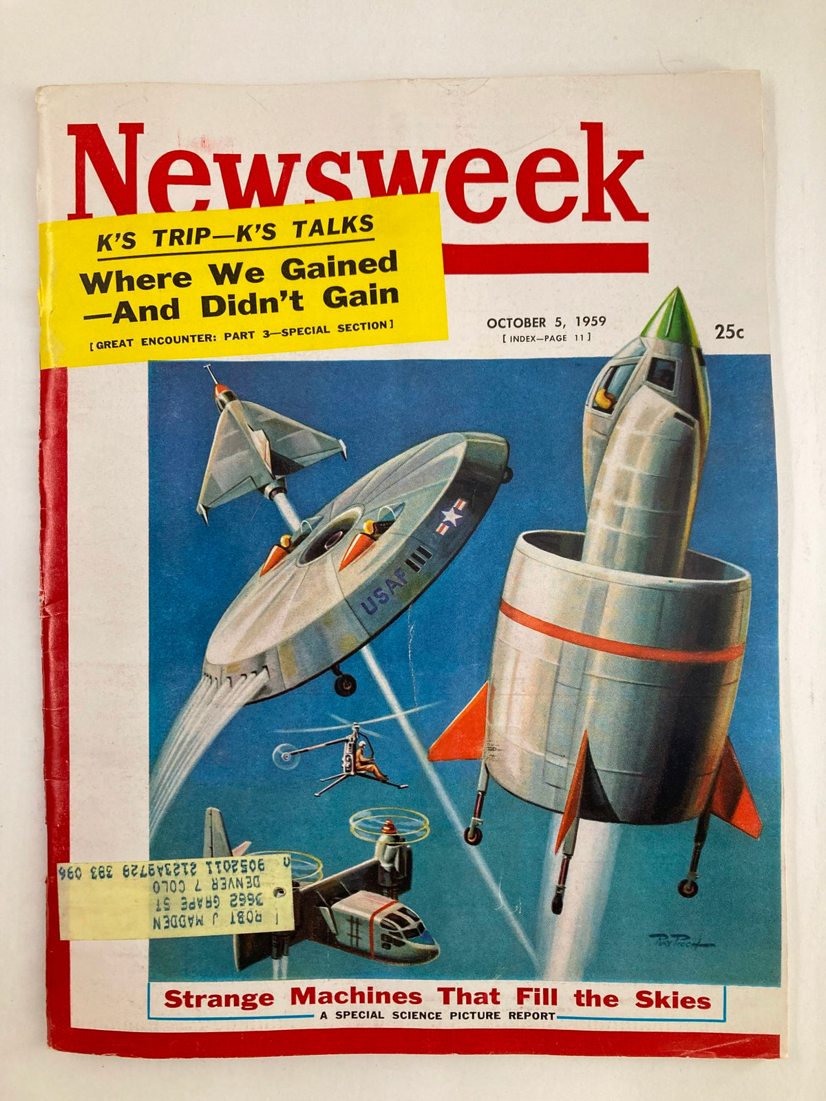 Vintage Newsweek Magazine cover from October 5, 1959, featuring the title 'Strange Machines That Fill the Skies' with illustrations of futuristic aircraft and technologies.