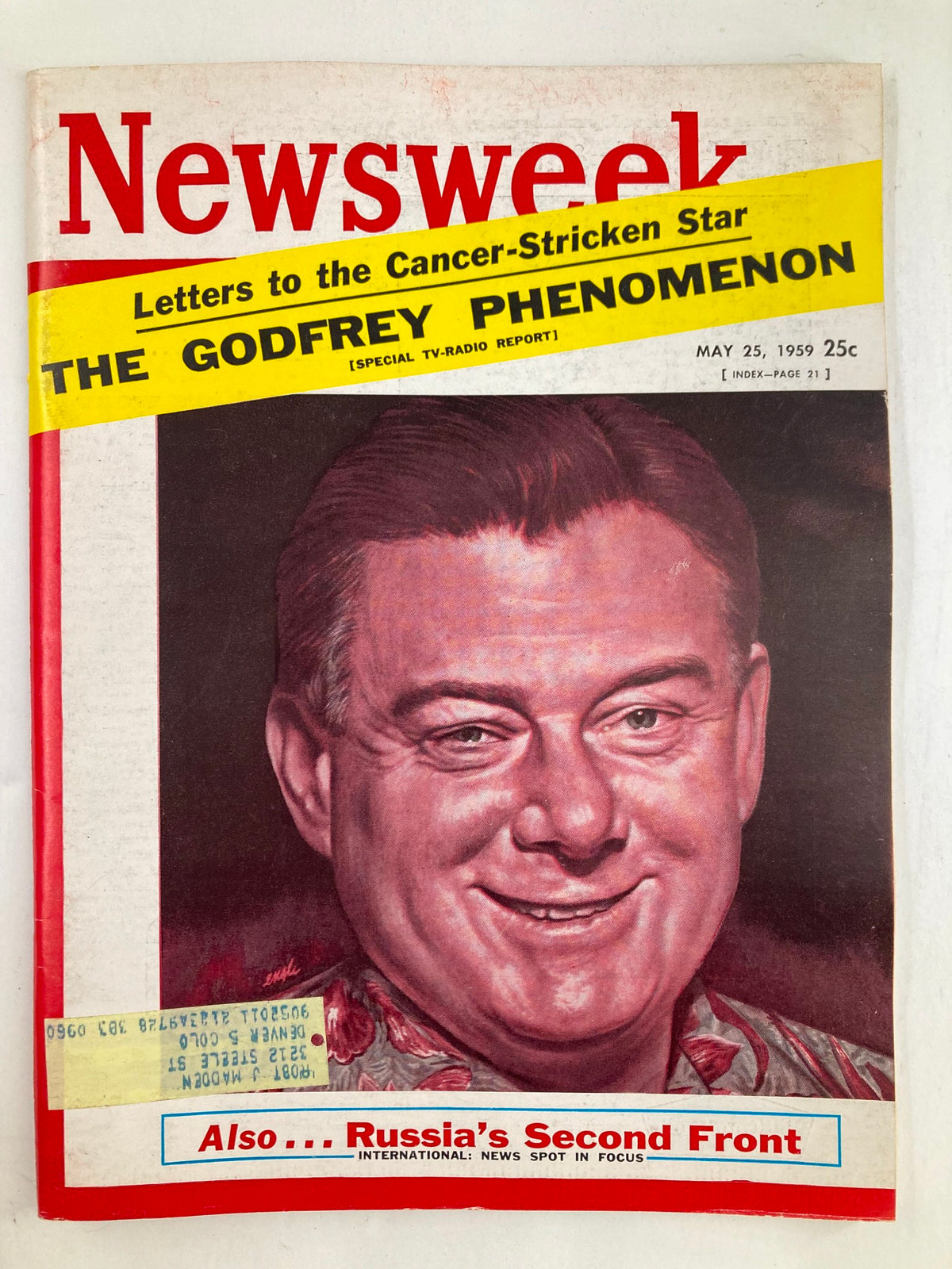 Cover of VTG Newsweek Magazine from May 25, 1959, featuring a portrait related to The Godfrey Phenomenon, highlighting the magazine's vintage appeal and historical significance.
