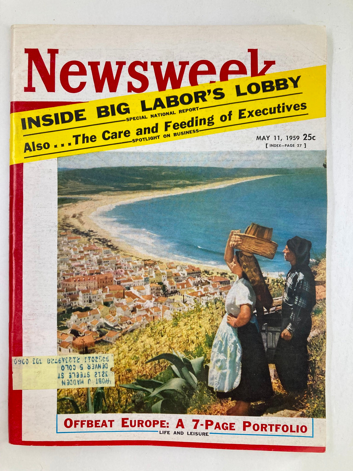 Cover of VTG Newsweek Magazine from May 11, 1959 featuring the headline 'Inside Big Labor's Lobby' and a scenic view of Offbeat Europe, showcasing cultural elements and vintage design.
