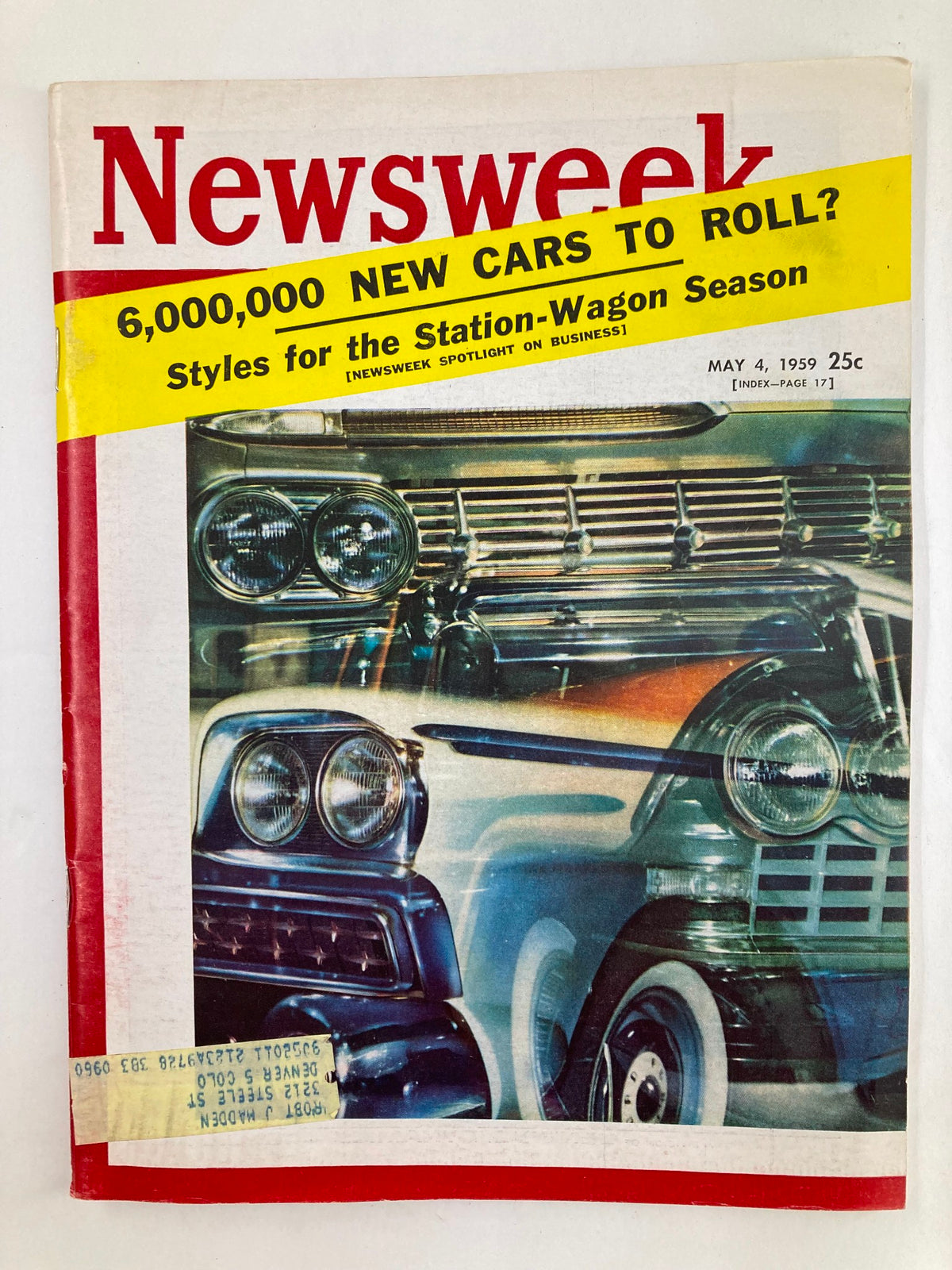 Vintage Newsweek magazine cover from May 4, 1959, featuring the headline '6,000,000 New Cars to Roll? Styles for the Station-Wagon Season' with images of classic cars and a yellow promotional banner.