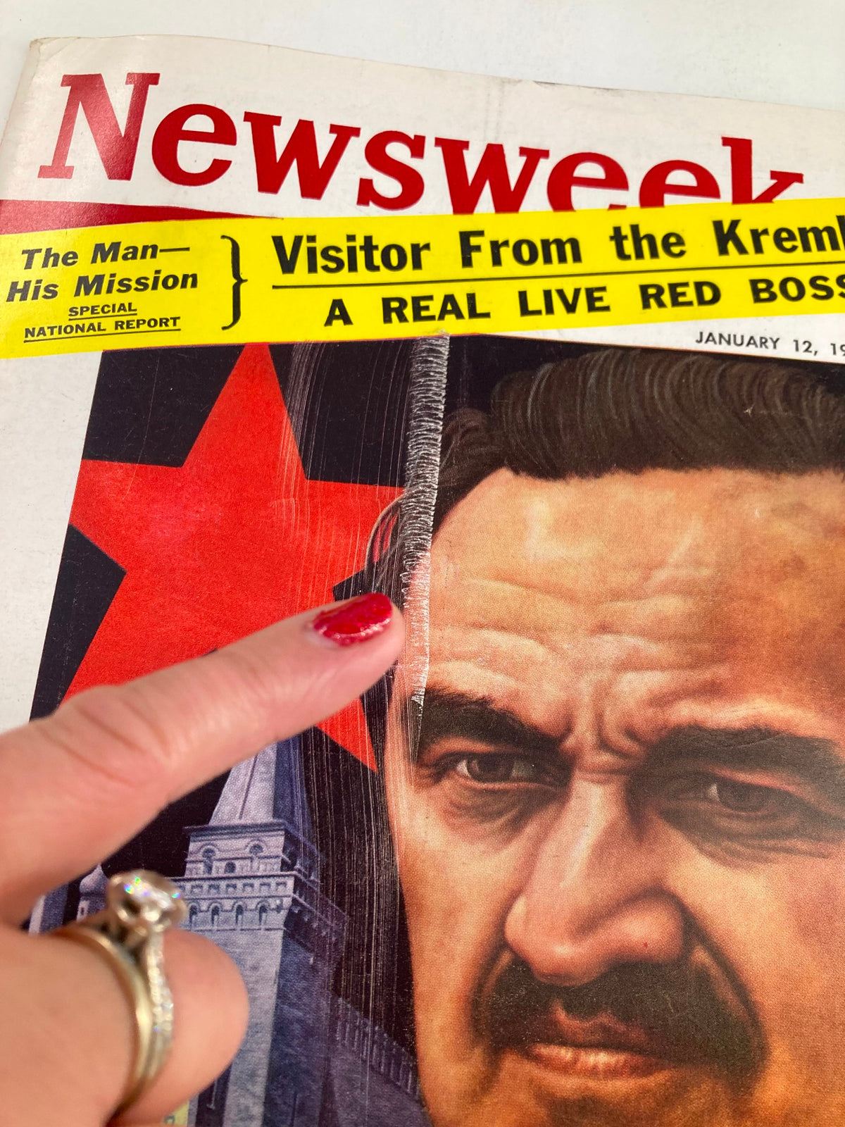 Close-up of the VTG Newsweek Magazine January 12, 1959 cover, highlighting the 'Visitor From the Kremlin: Real Red Boss' headline and detailing one man pointing at the cover image.