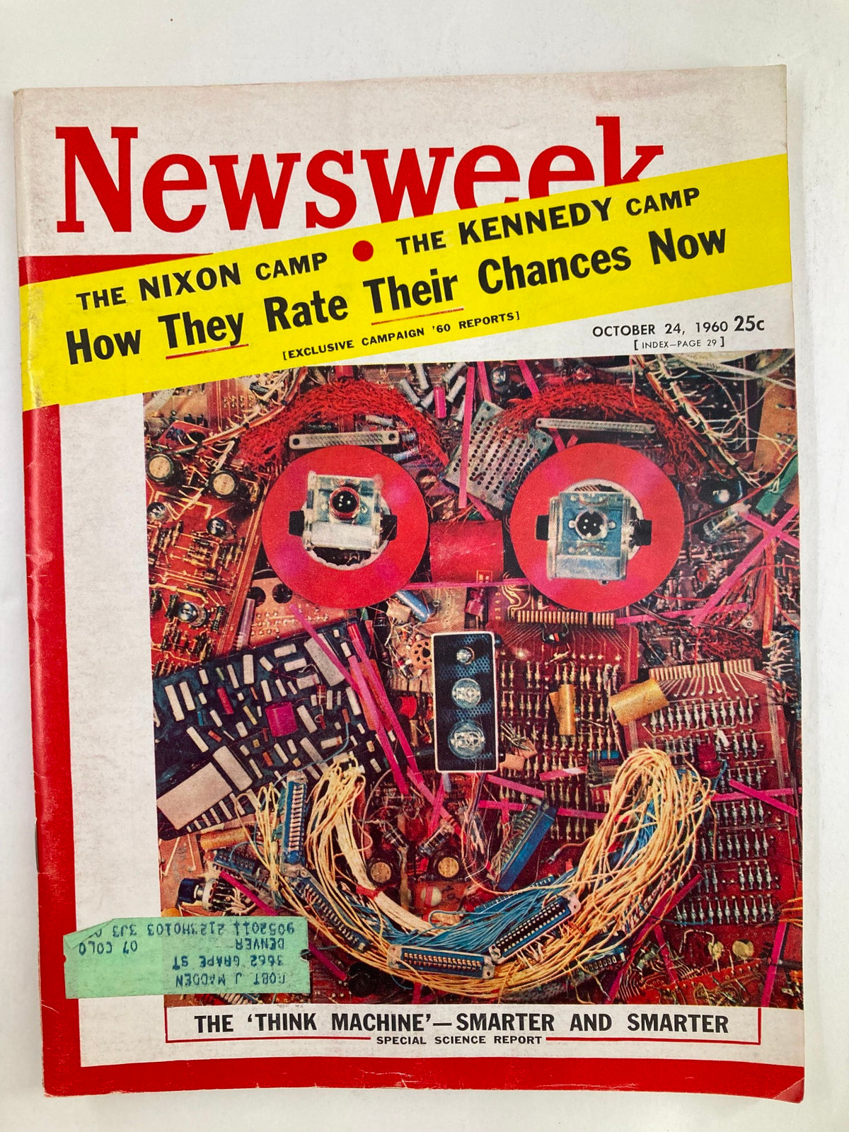 Cover of VTG Newsweek Magazine from October 24, 1960, featuring the article 'The Think Machine: Smarter and Smarter.' The cover illustrates technological elements and vintage art, capturing the essence of early 1960s innovation and political themes.