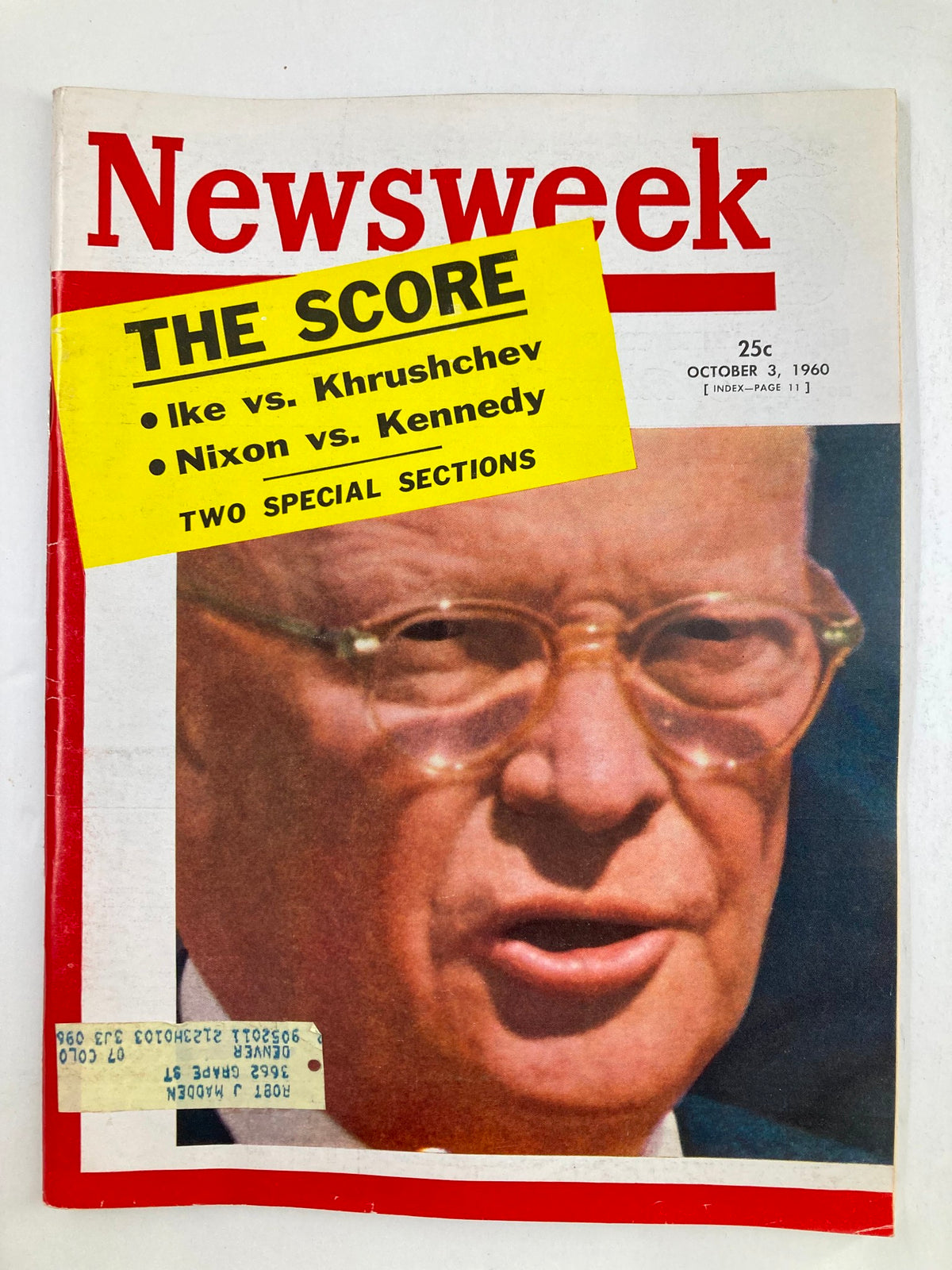 VTG Newsweek Magazine Cover from October 3, 1960 featuring a political showdown between Dwight Eisenhower and Nikita Khrushchev, with headlines regarding the U.S. elections and Cold War tensions.