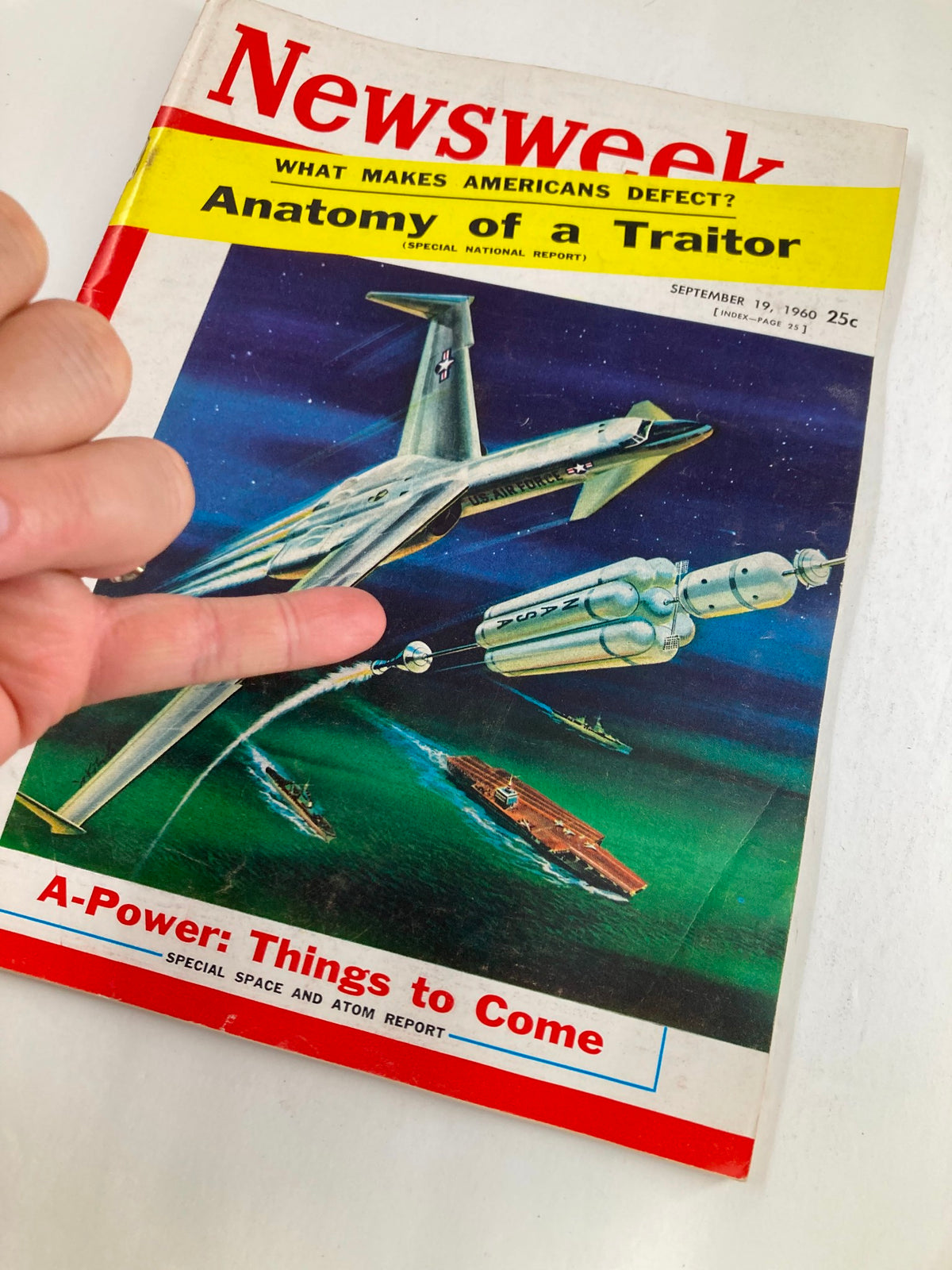 Cover of VTG Newsweek Magazine September 19, 1960, showing 'A-Power: Things to Come' with a hand gesture visible alongside the iconic illustration of aircraft and a spacecraft.