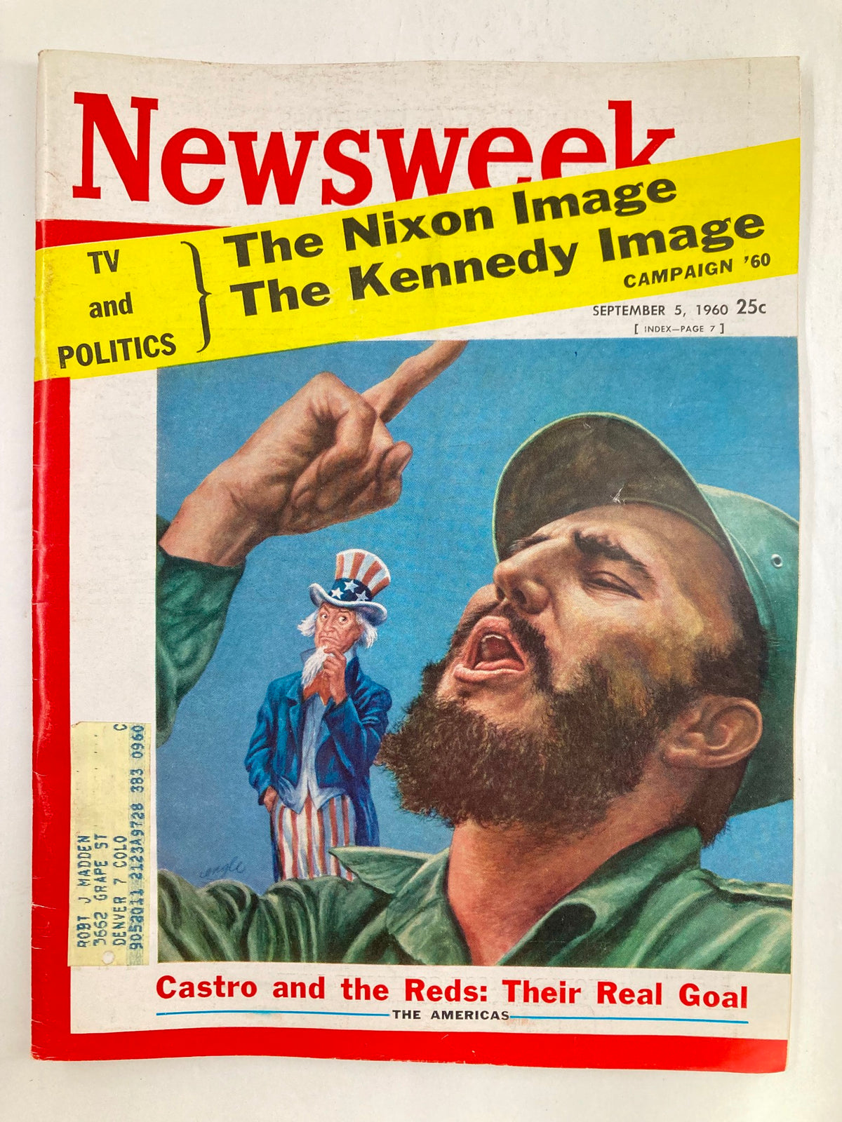 VTG Newsweek Magazine September 5 1960 featuring Fidel Castro, with an illustrated cover showing Castro passionately speaking and Uncle Sam in the background, highlighting the theme 'Castro and the Reds: Their Real Goal'.