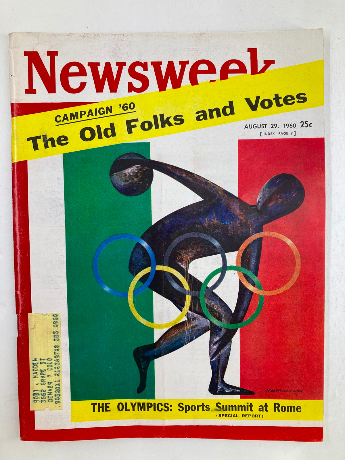 Cover of the VTG Newsweek Magazine from August 29, 1960, featuring the Olympics Sports Summit at Rome with a vibrant illustration of an athlete and the Olympic rings, and a bold title highlighting 'Campaign '60' and 'The Old Folks and Votes'.