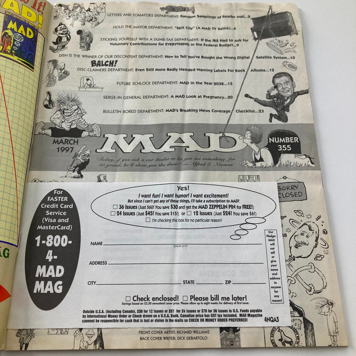 Interior page of Mad Magazine March 1997, issue #355, showcasing various departments and comedic content, including subscription advertisement.