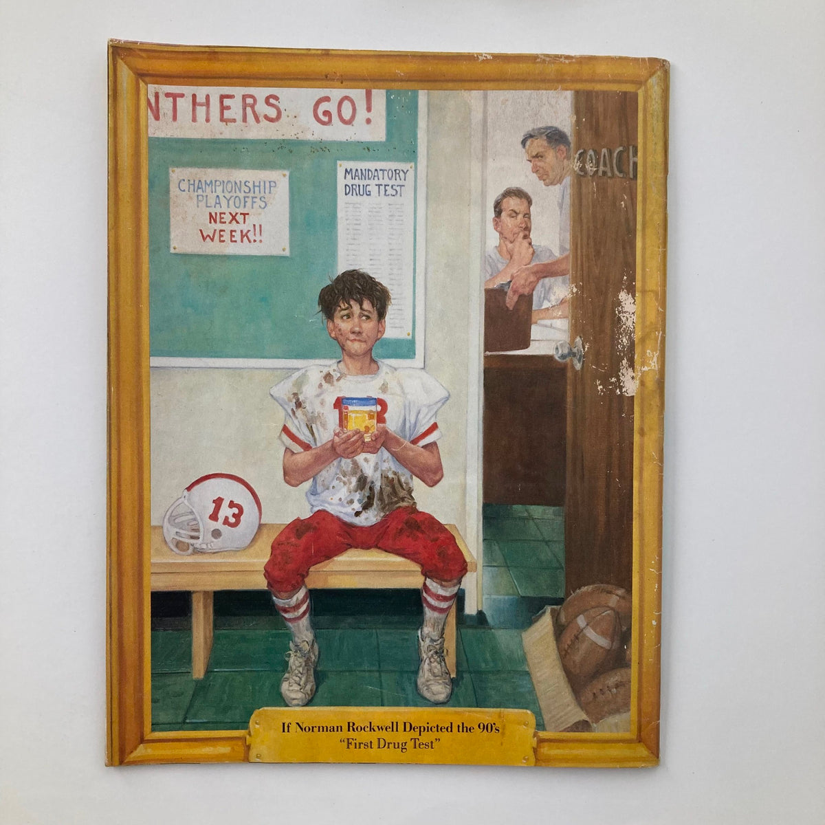 Art piece from Mad Magazine March 1993 issue #317 titled 'If Norman Rockwell Depicted the 90s', featuring a humorous depiction of a boy preparing for a drug test.
