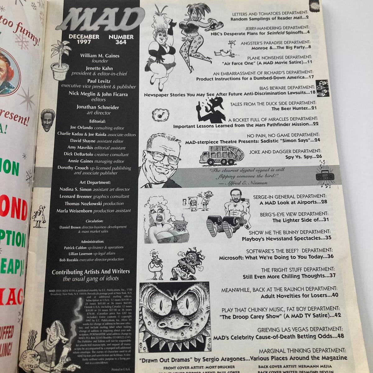 Contents page of Mad Magazine December 1997, Issue #364, highlighting various comedic sections and contributors alongside the magazine's details.