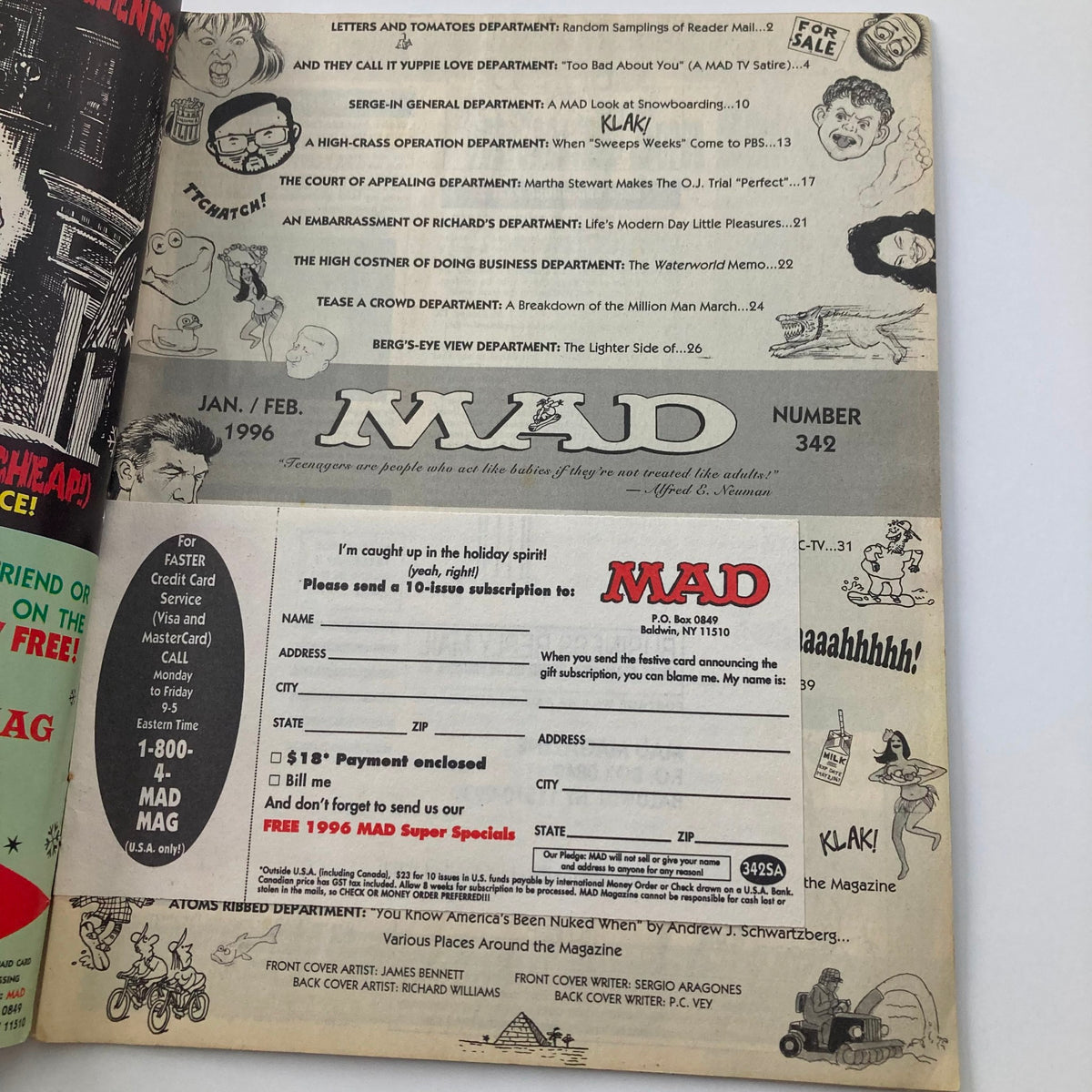 Inside spread of Mad Magazine January 1996, Issue #342, displaying article listings and a subscription form. This section captures the essence of the magazine’s humor and style from the 1990s, providing a nostalgic look at its content.