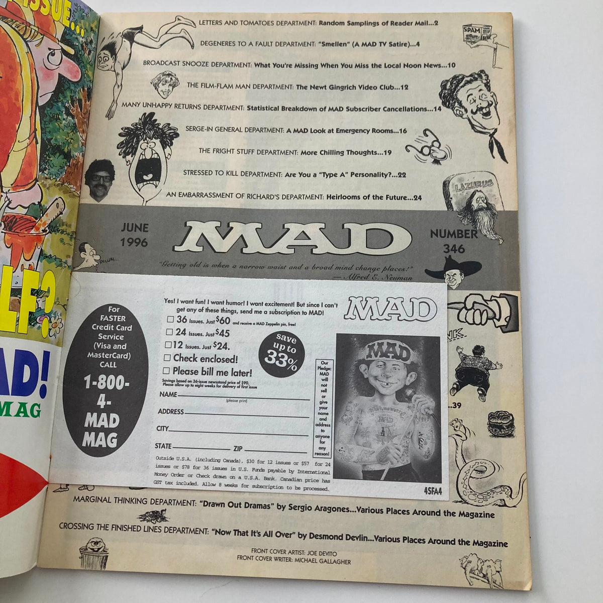 Inside page of Mad Magazine June 1996 #346, showcasing various section titles such as 'Letters and Tomatoes Department' and 'Stressed to Kill Department', reflecting the magazine's classic humorous content and format.