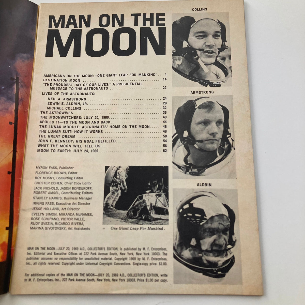 VTG Man on the Moon Magazine July 1969 interior page showcasing a table of contents with mentions of Armstrong, Collins, and Aldrin along with significant articles related to the Apollo 11 mission.