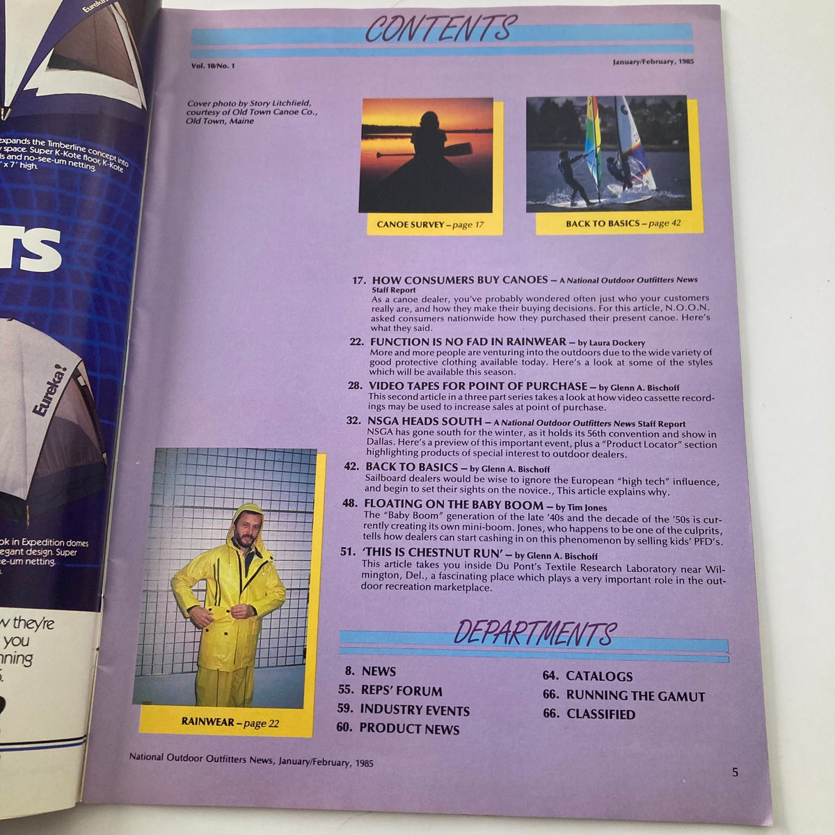 Contents page of National Outdoor Outfitters News January/February 1985, highlighting articles including 'How Consumers Buy Canoes' and 'Rainwear', with colorful graphics.