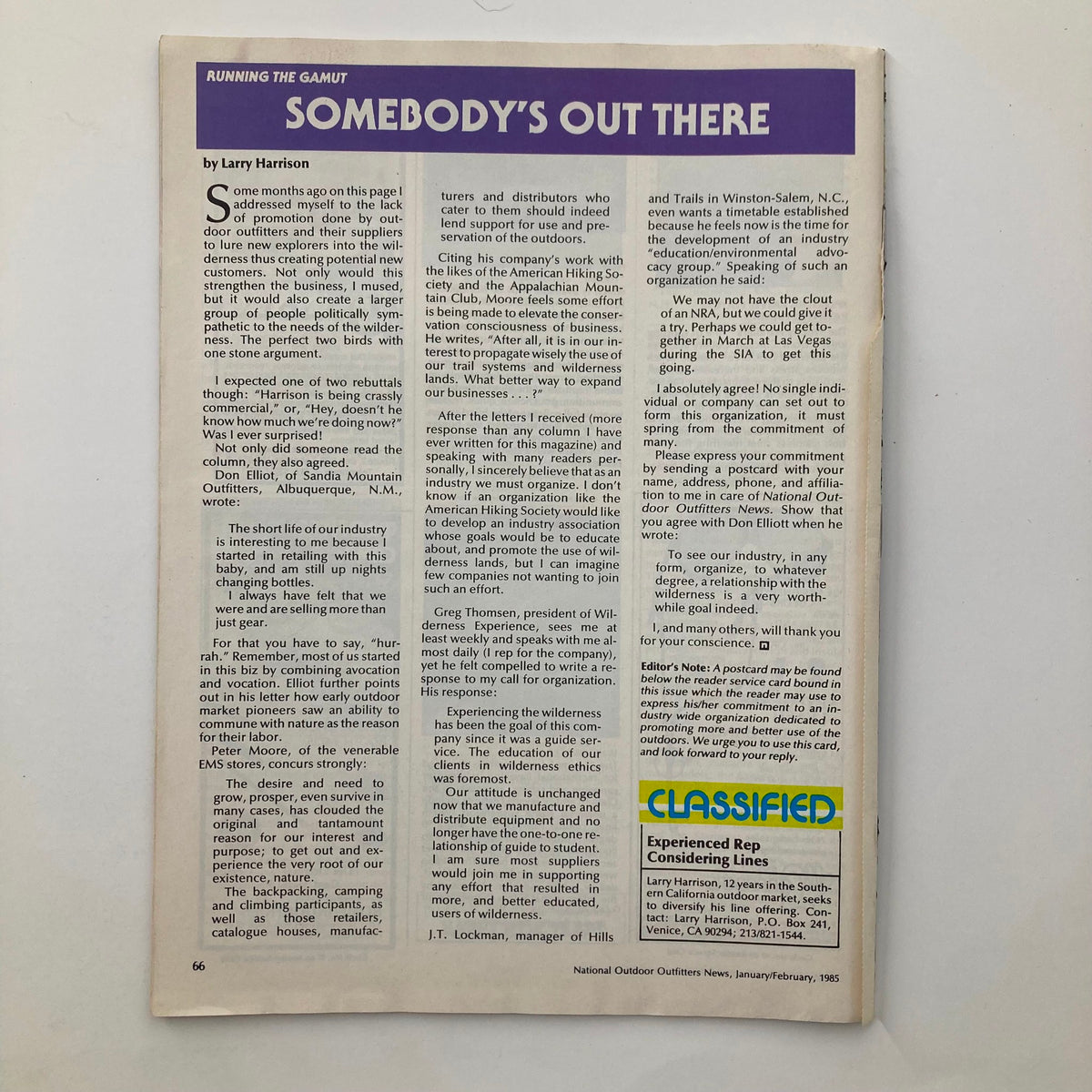 Article page titled 'Somebody's Out There' from National Outdoor Outfitters News January/February 1985, discussing industry insights and consumer engagement in the outdoor market.