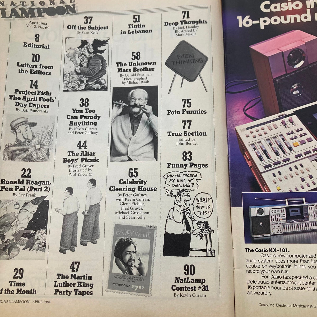 Interior page of the Vintage National Lampoon Magazine April 1984, featuring articles such as 'You Too Can Parody Anything' and 'Celebrity Clearing House', showcasing humor and satire.
