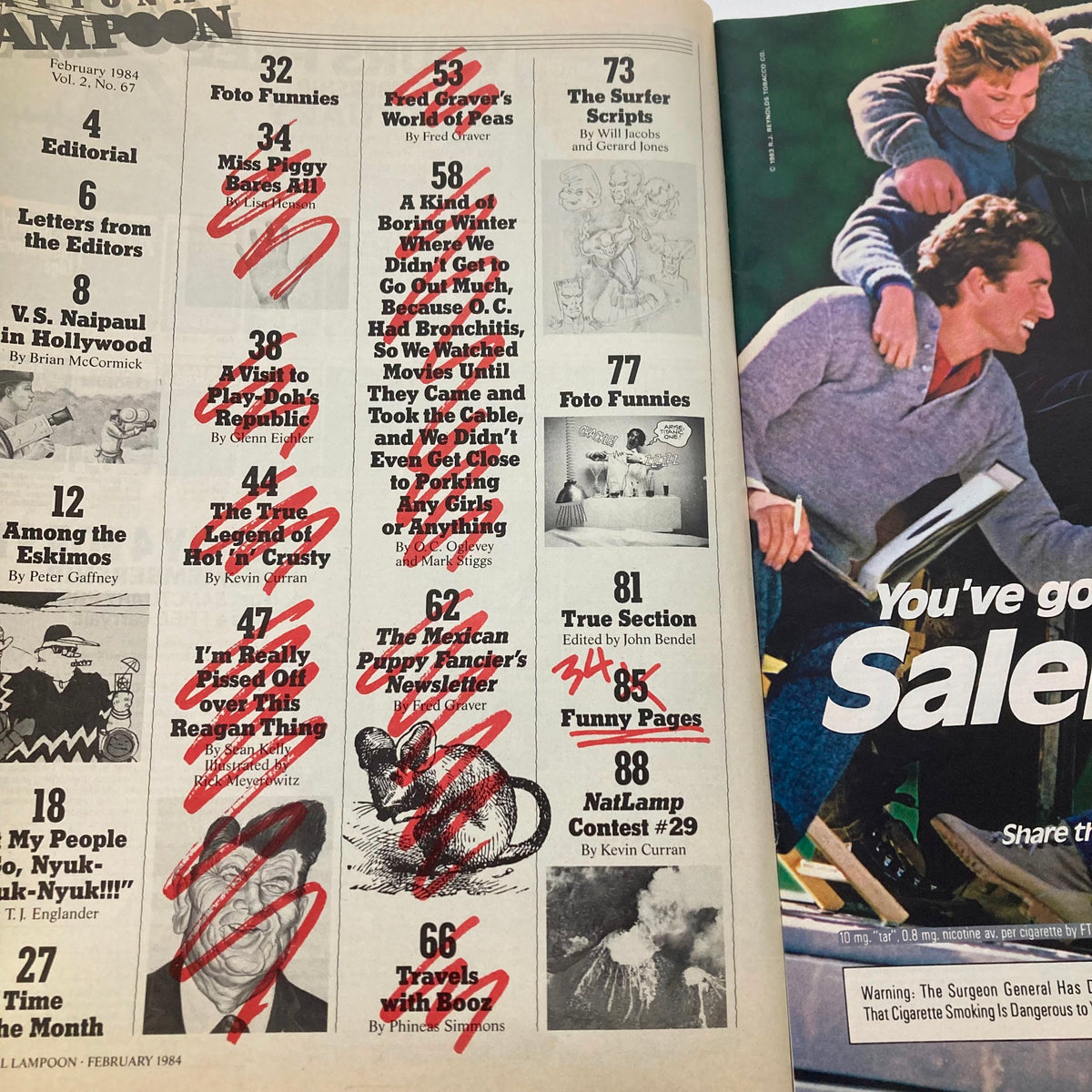 Inside page of Vintage National Lampoon Magazine February 1984 Vol 2 No 67 showing the table of contents with marked sections highlighting various articles and features, emphasizing its humor and cultural relevance.