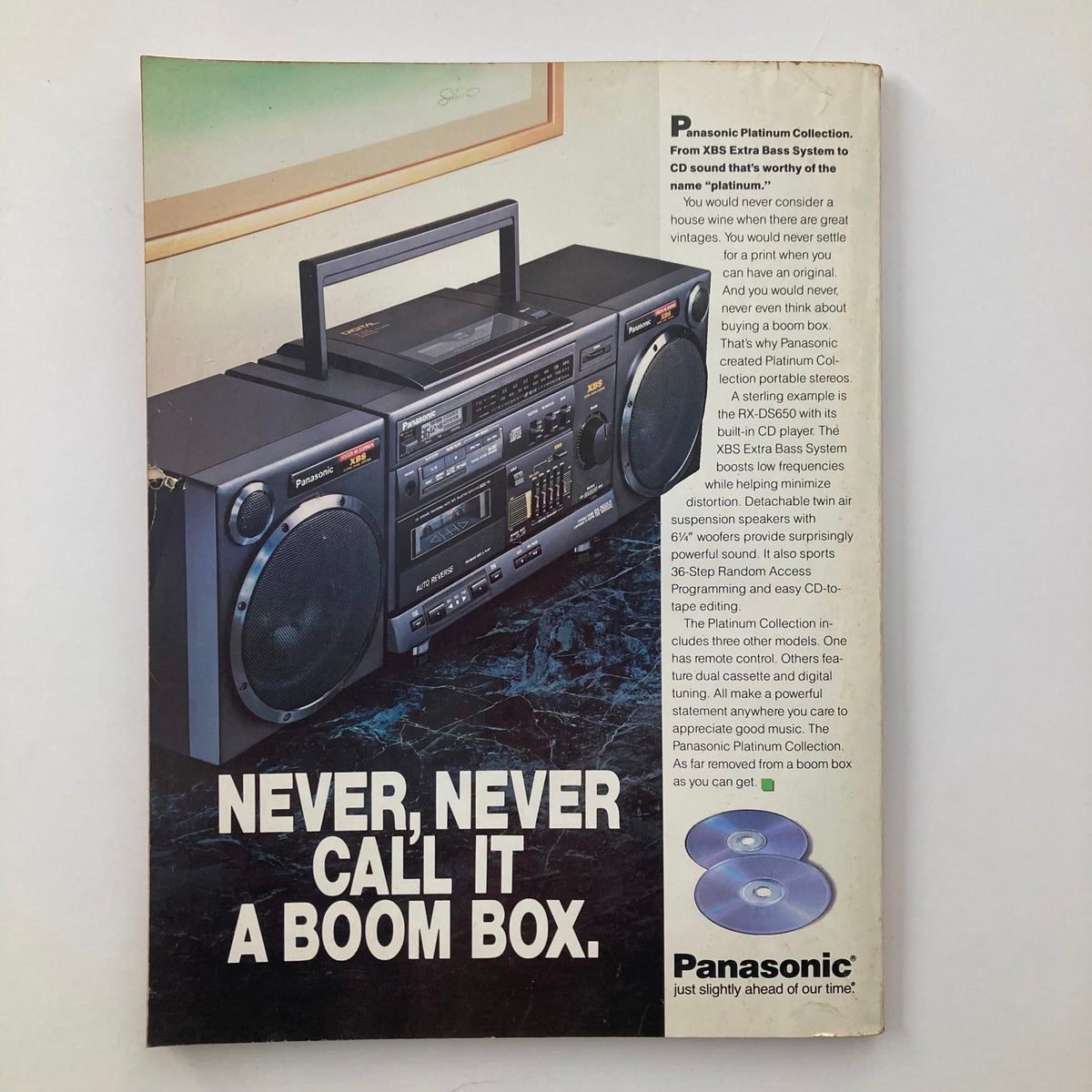 Vintage advertisement from the VTG Playboy Magazine November 1989 showcasing Panasonic's Platinum Collection portable stereo system.