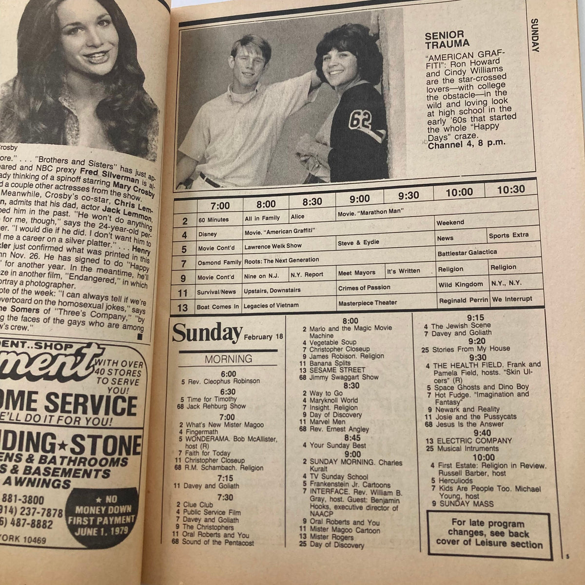 Inside page of VTG Daily News TV Week Magazine February 18 1979 displaying TV schedule and program listings.