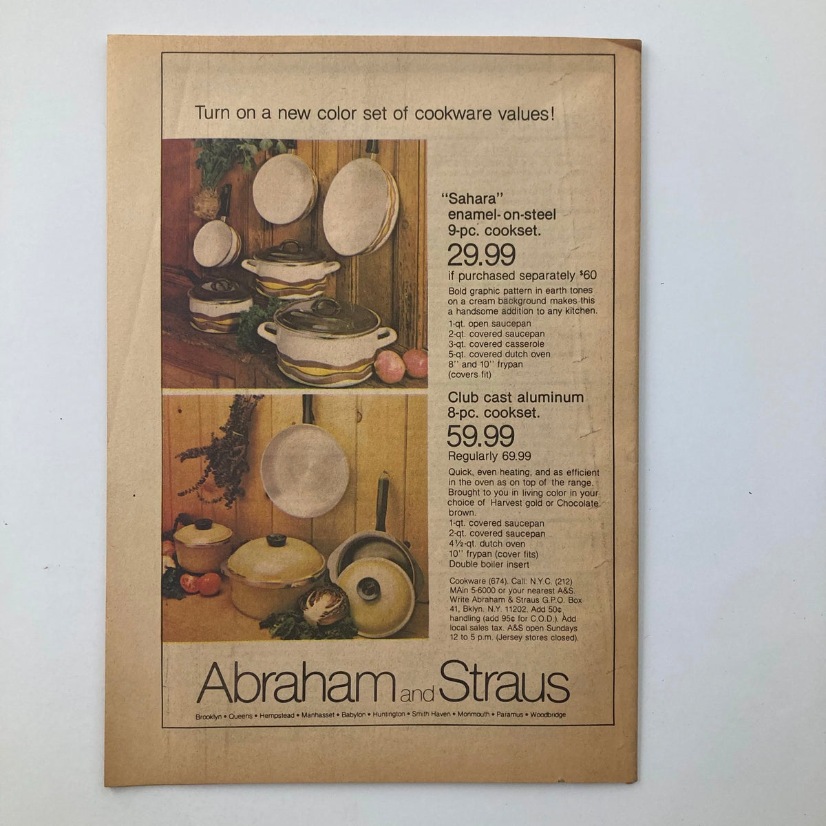 Advertisement page from VTG Daily News TV Week Magazine February 18 1979 showcasing cookware sets from Abraham and Straus.