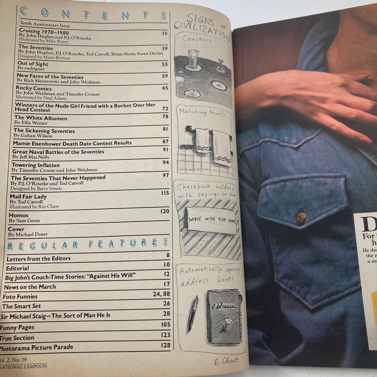 Contents page of Vintage National Lampoon Magazine February 1980 Vol. 2 No. 19 listing various articles, humor features and illustrations from the magazine.