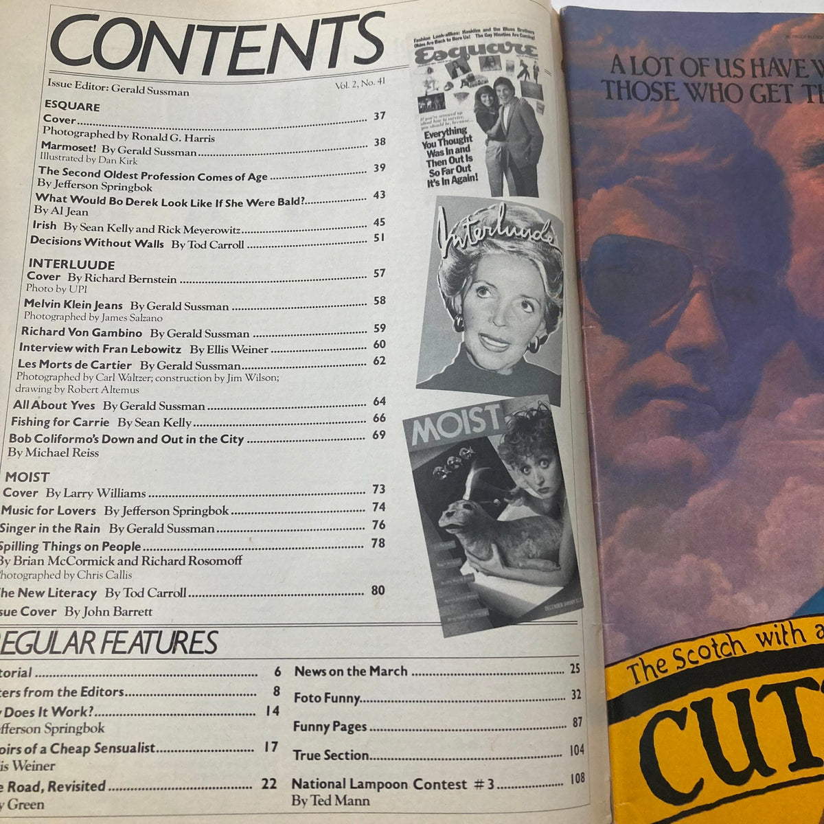 Interior contents page of the Vintage National Lampoon Magazine December 1981 Vol 2 No 41 featuring the ESquare cover with article titles and images.