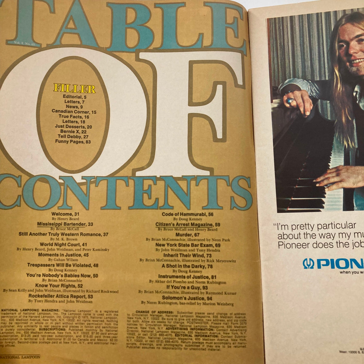 Table of Contents from Vintage National Lampoon Magazine August 1975, showcasing a range of articles including the New York State Bar Exam.