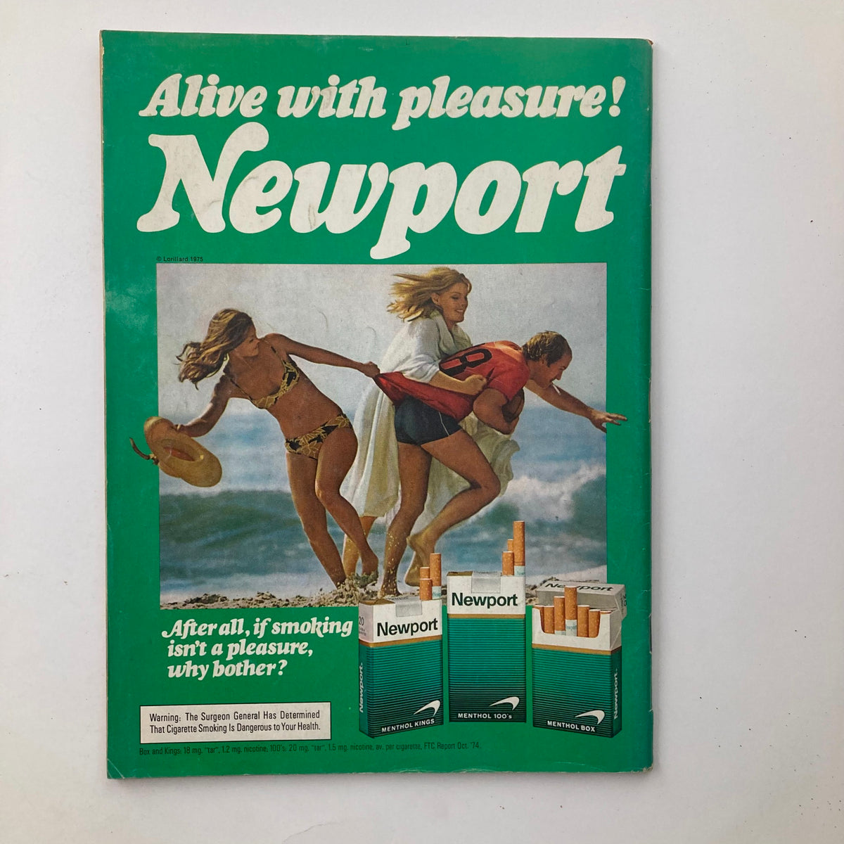 Back cover of Vintage National Lampoon Magazine August 1975 featuring a colorful advertisement for Newport cigarettes, promoting the phrase 'Alive with pleasure!'.